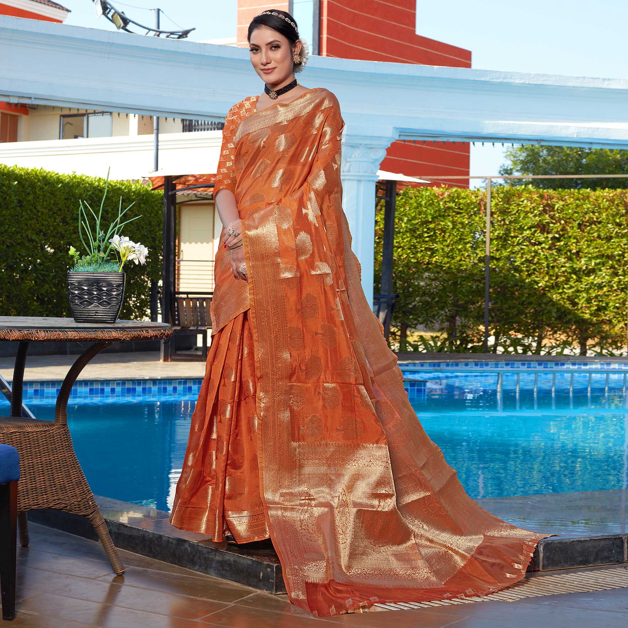 Orange Woven Organza Saree