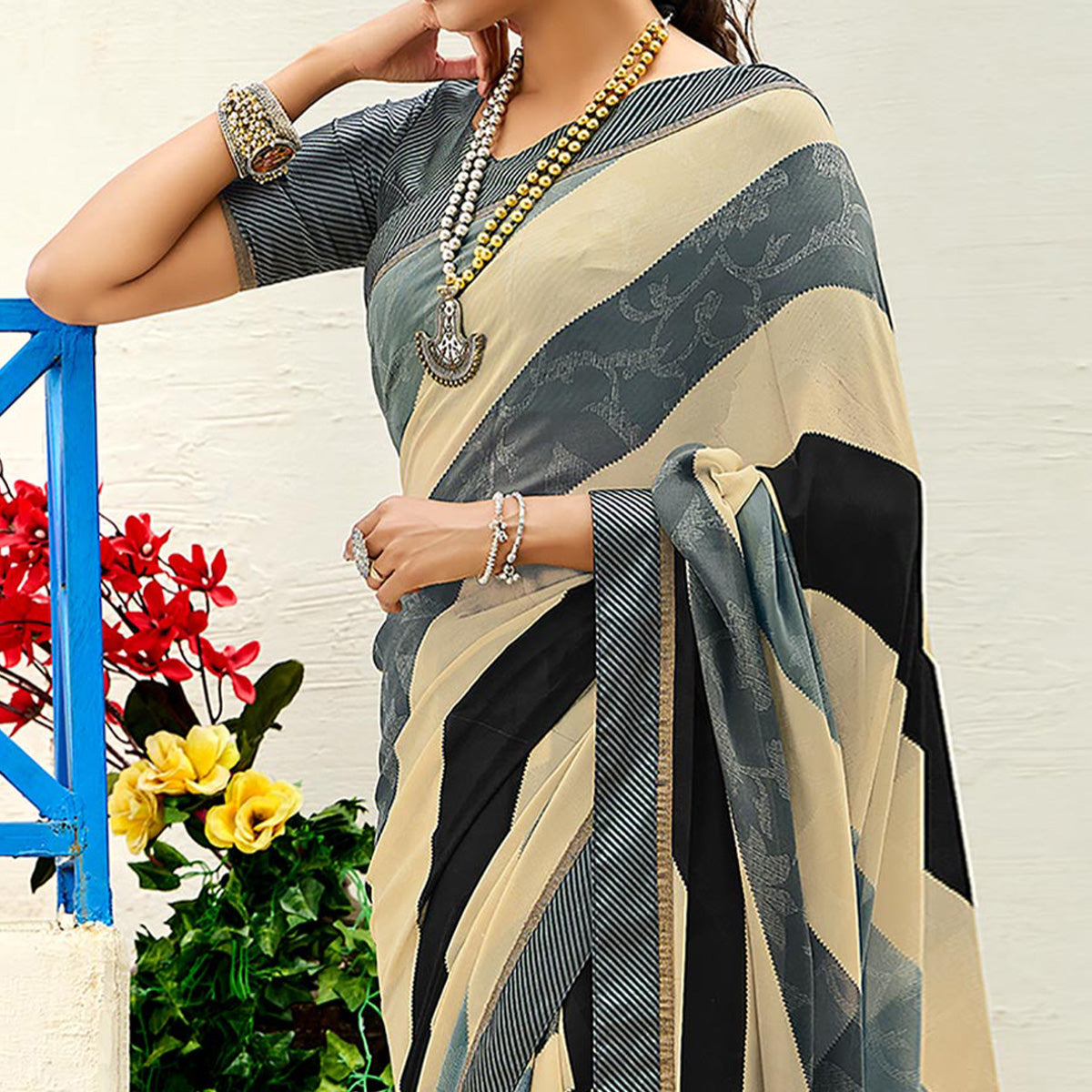 Multicolored Striped Printed Georgette Saree