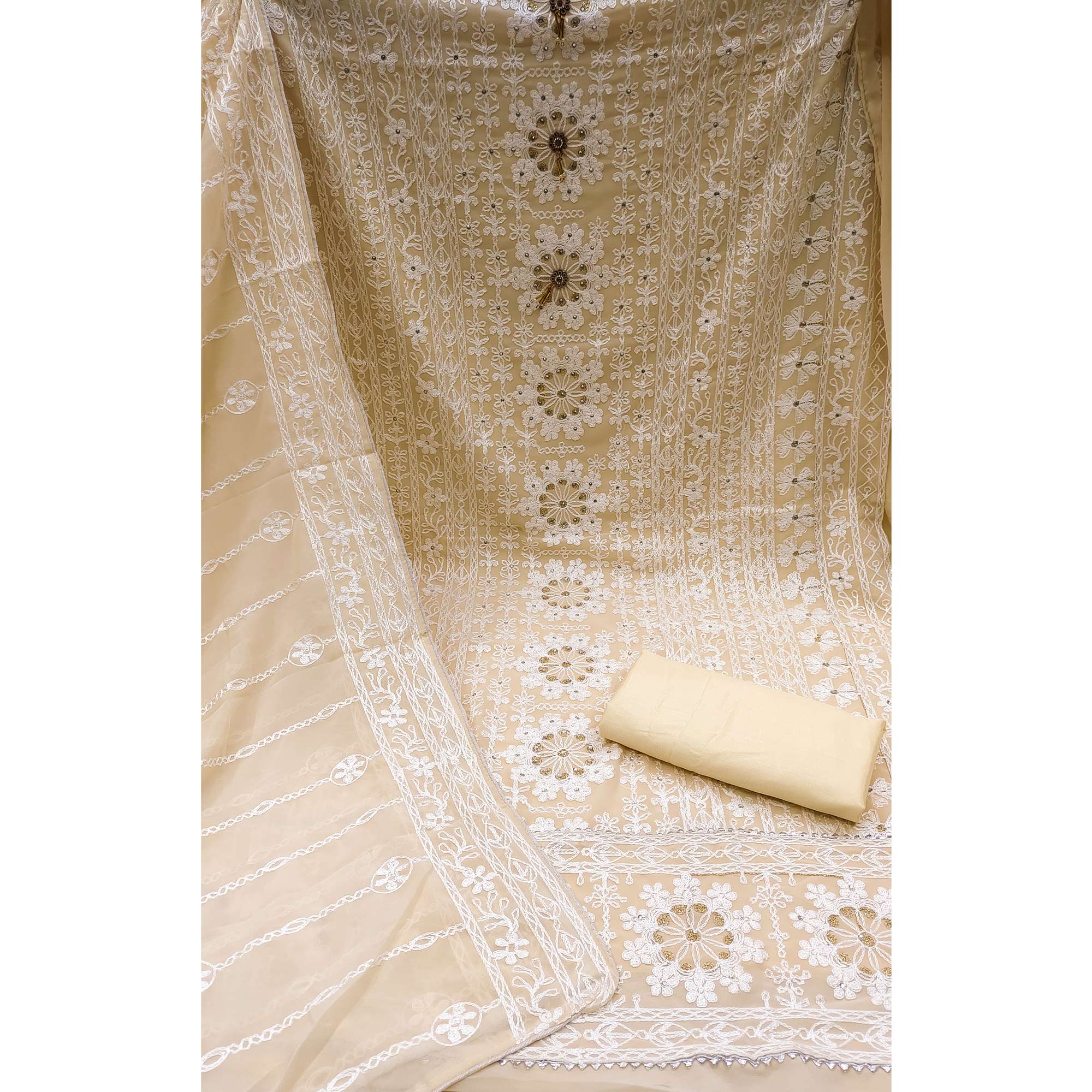 Yellow Lucknowi Embroidered Georgette Dress Material