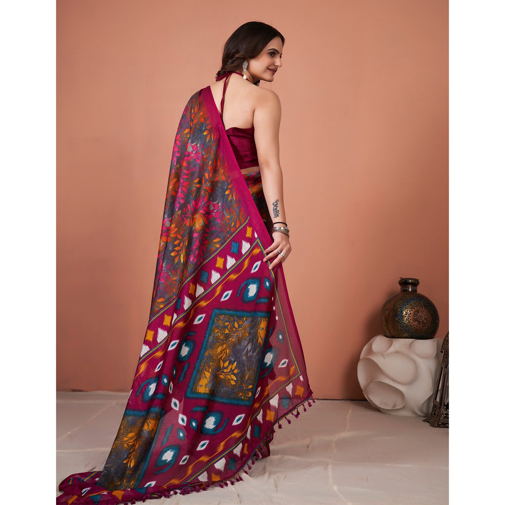 Multicolored Printed Jute Saree With Tassels