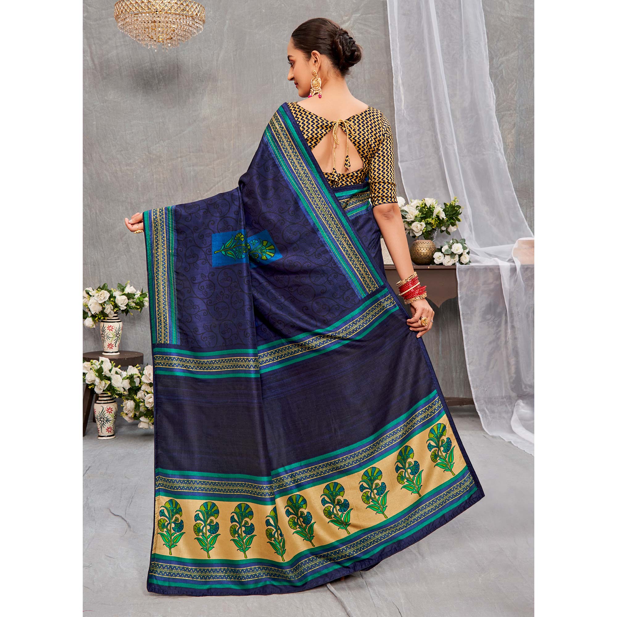 Blue Printed With Embroidery Tussar Silk Saree