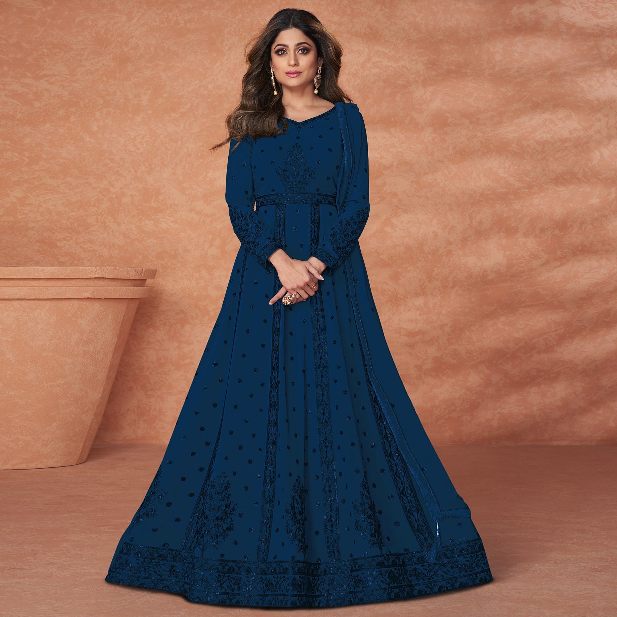 Sea Blue Embroidered Georgette Gown