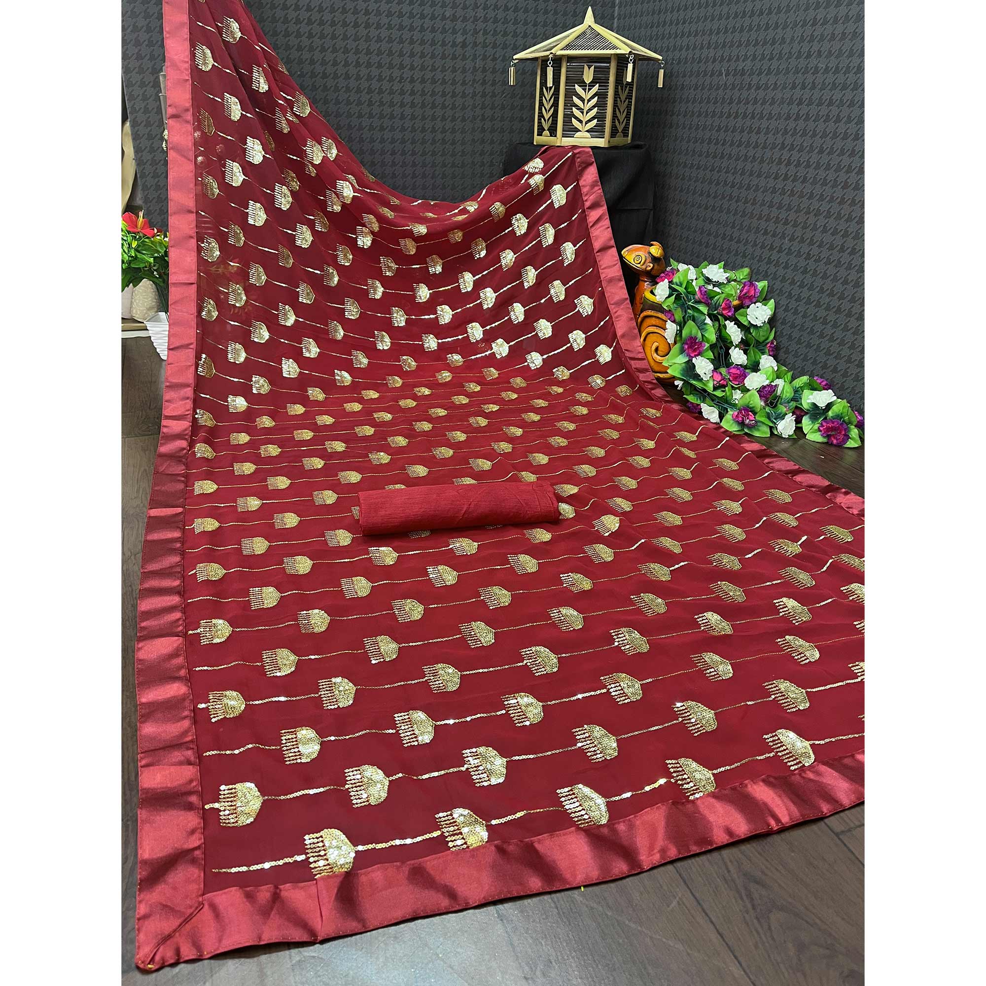 Maroon Sequins Embroidered Georgette Saree