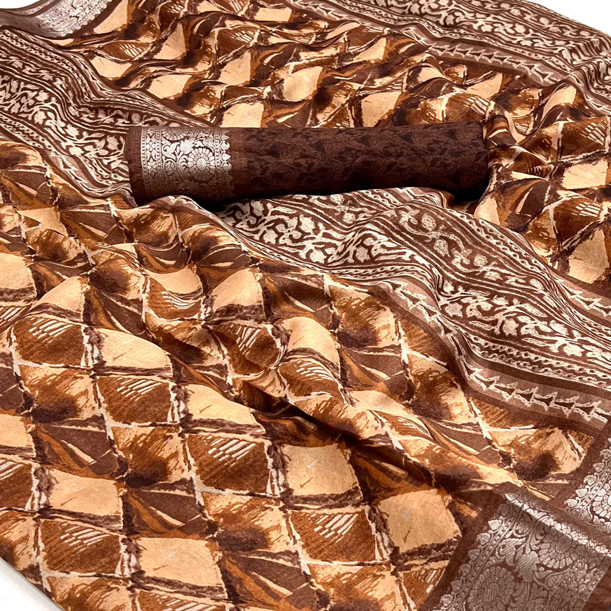 Brown Floral Printed With Woven Dola Silk Saree