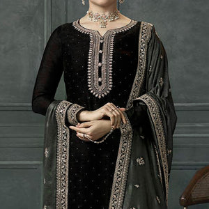 Black Embroidered Georgette Semi Stitched Palazzo Suit