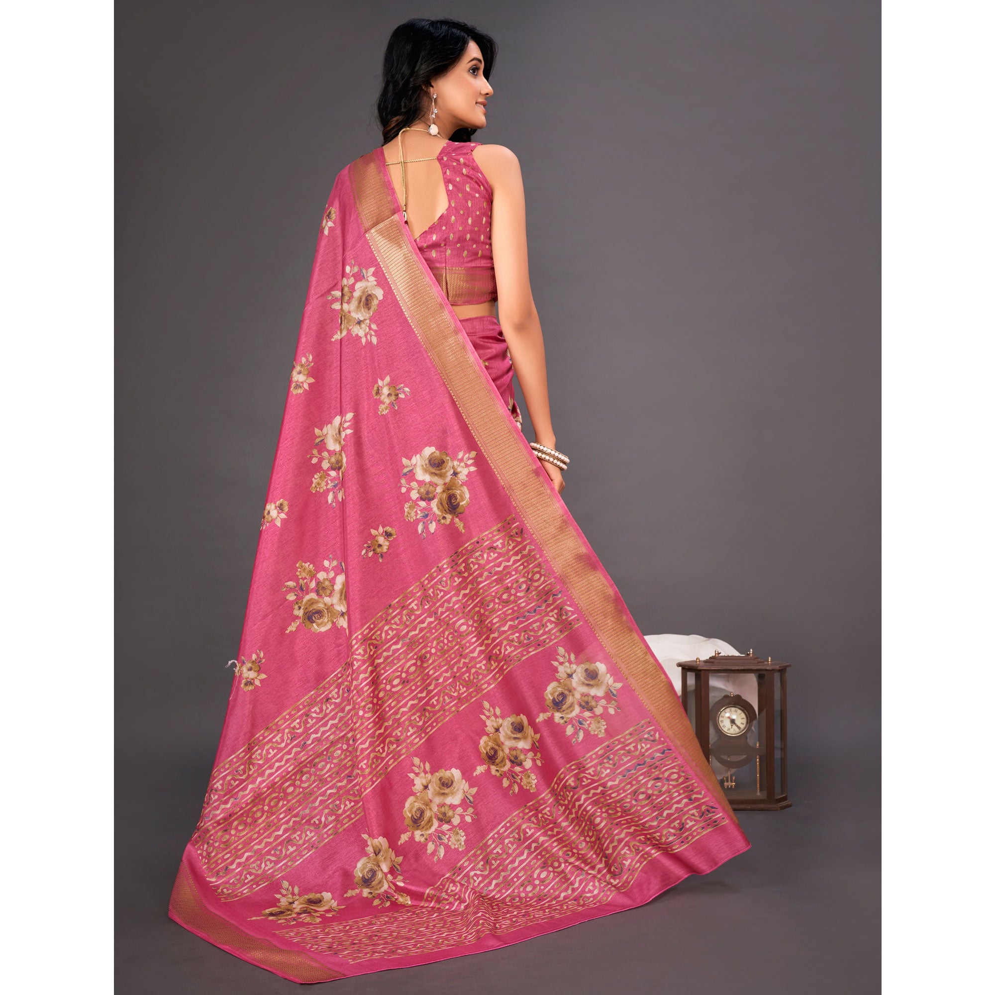 Pink Floral Printed Dola Silk Saree
