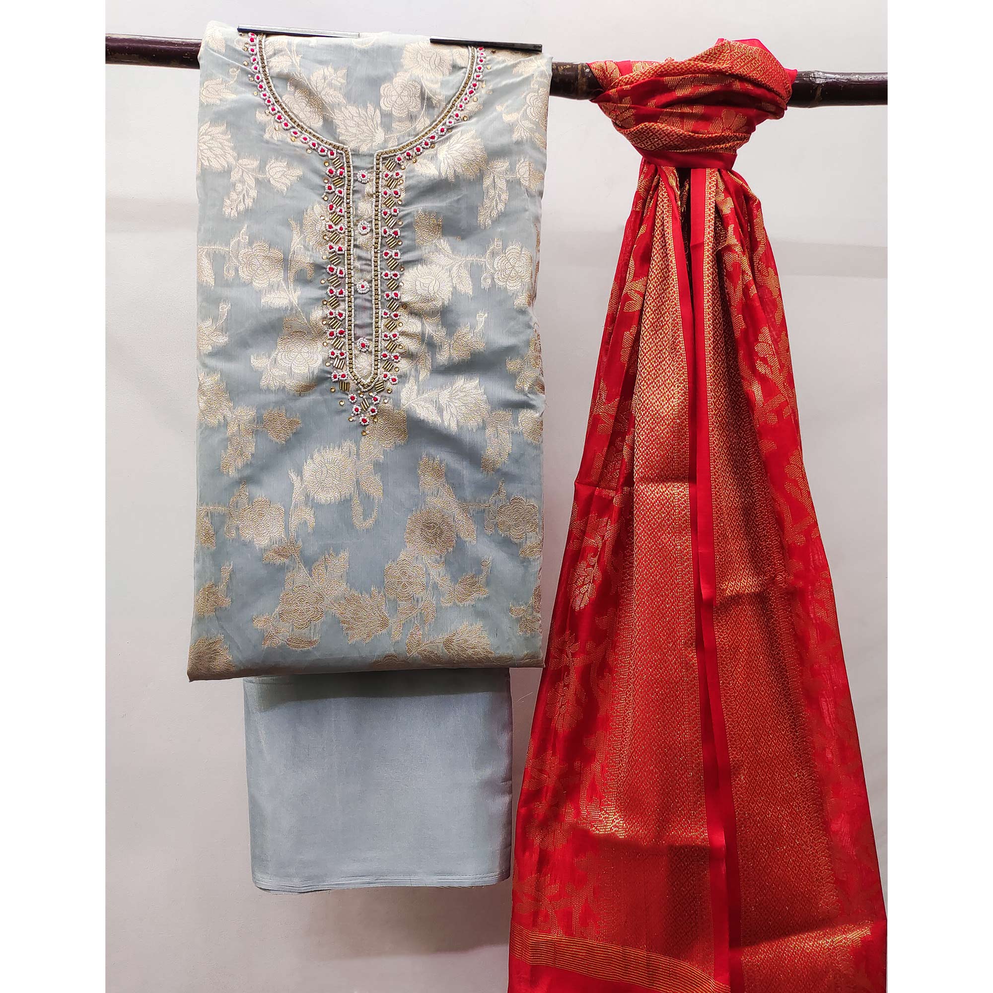 Grey Floral Woven With Handwork Banarasi Silk Dress Material