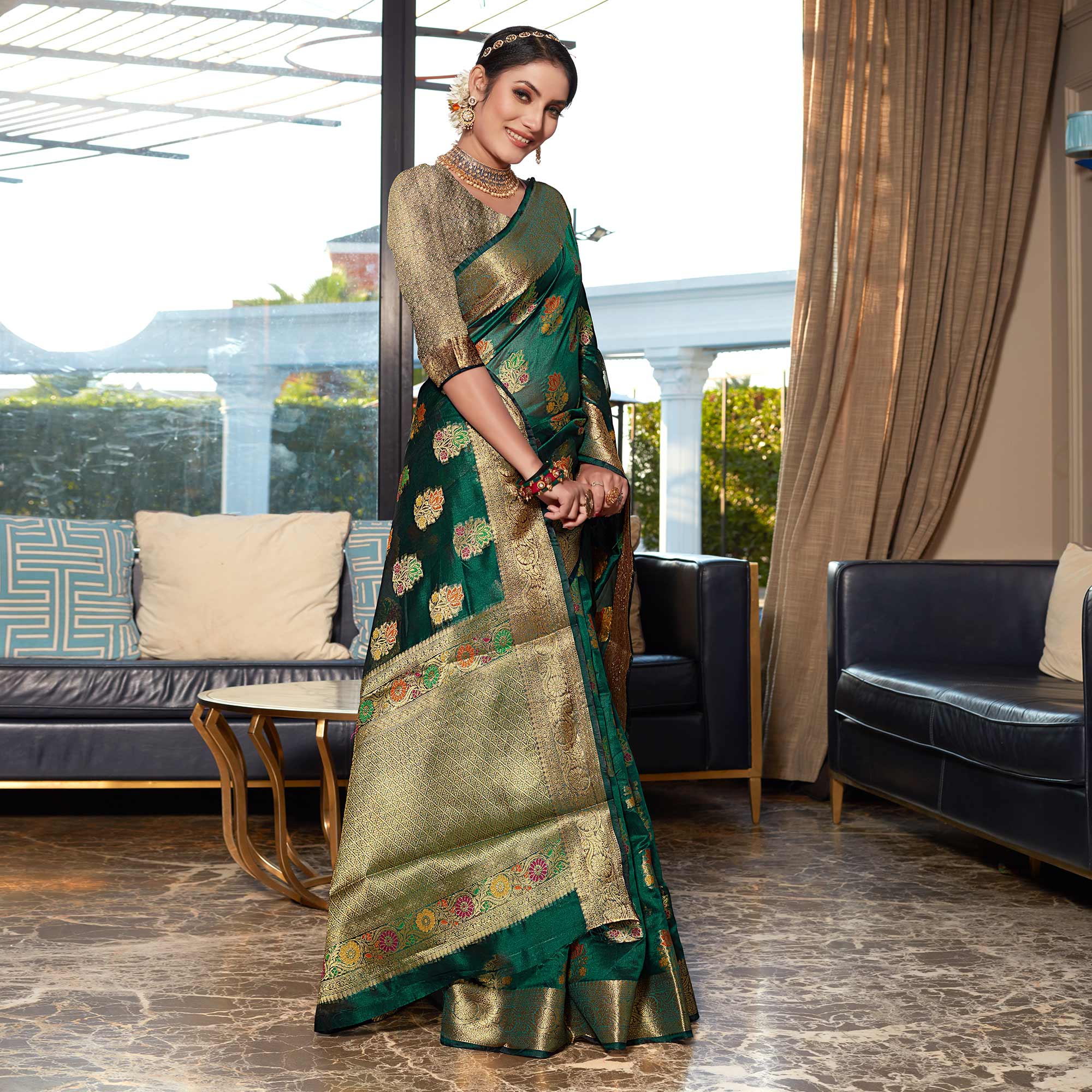 Green Floral Woven Organza Saree