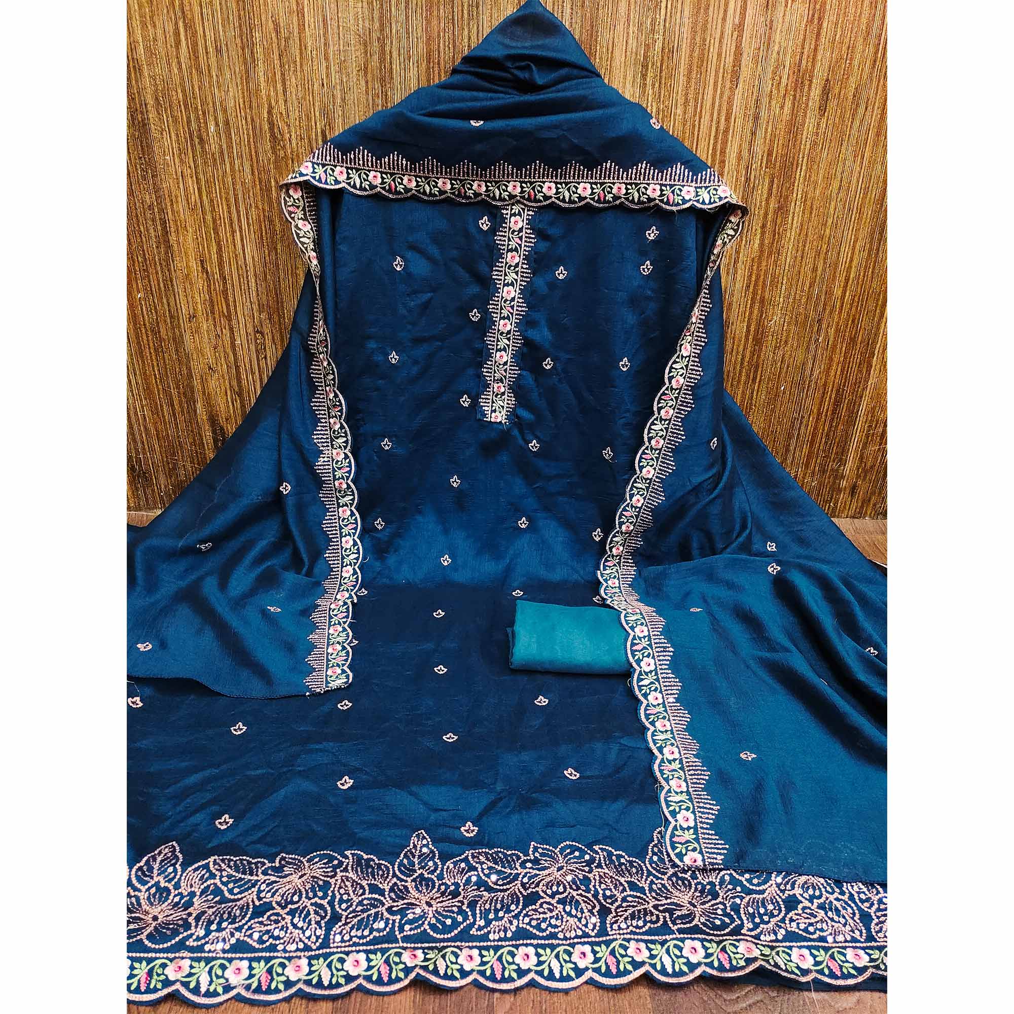 Blue Floral Embroidered Vichitra Silk Dress Material