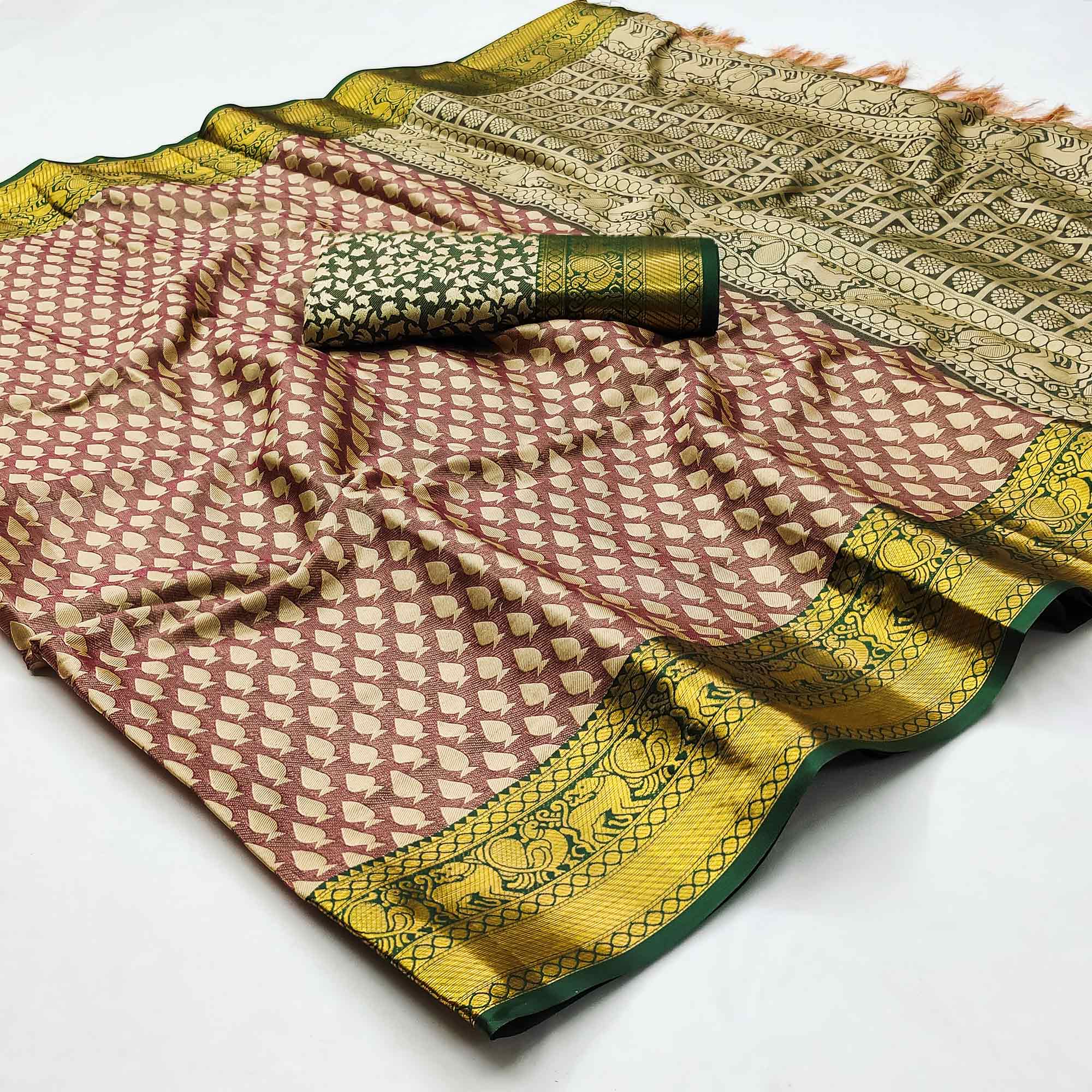 Brown Woven Cotton Silk Saree With Tassels