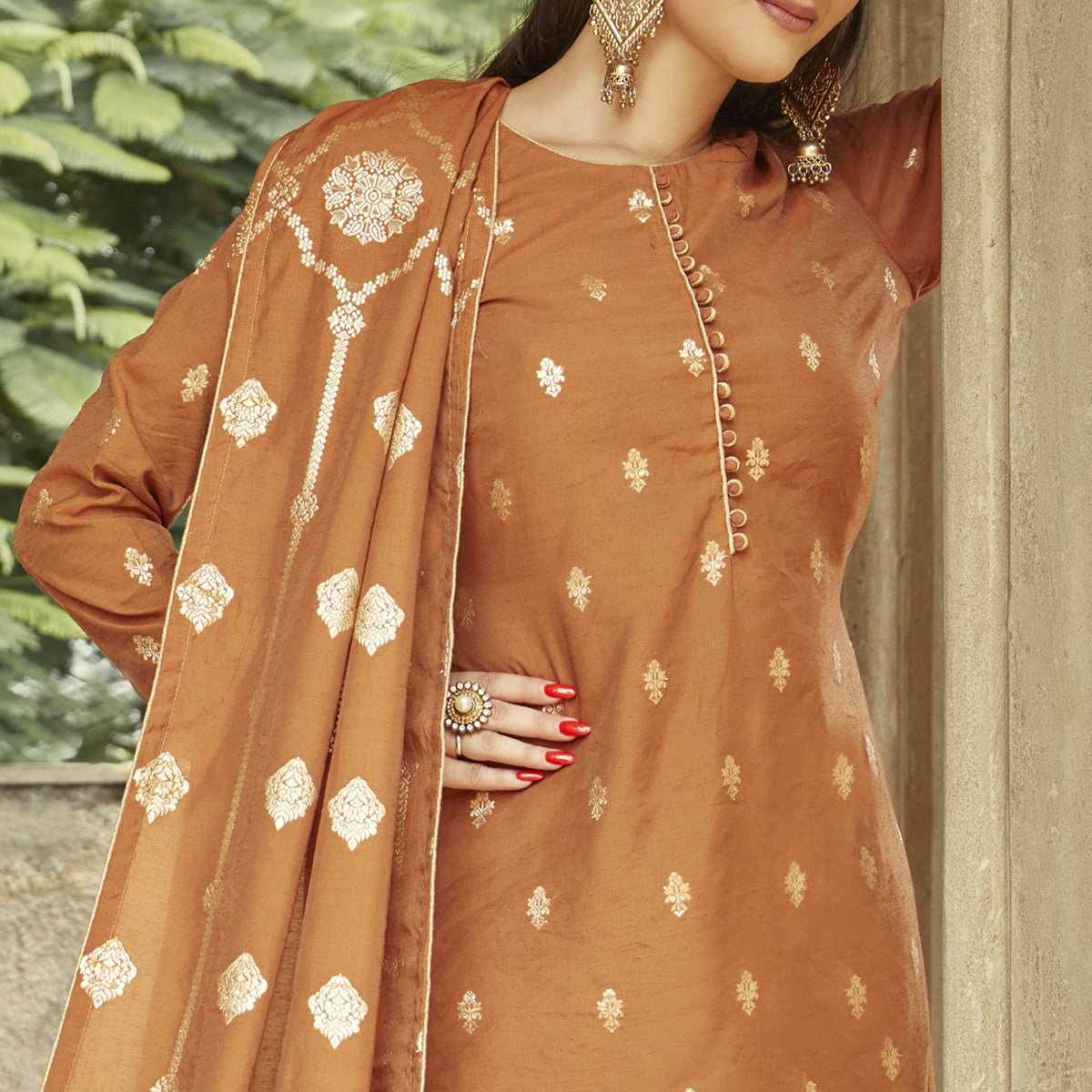 Brown Woven Viscose Kurti With Dupatta