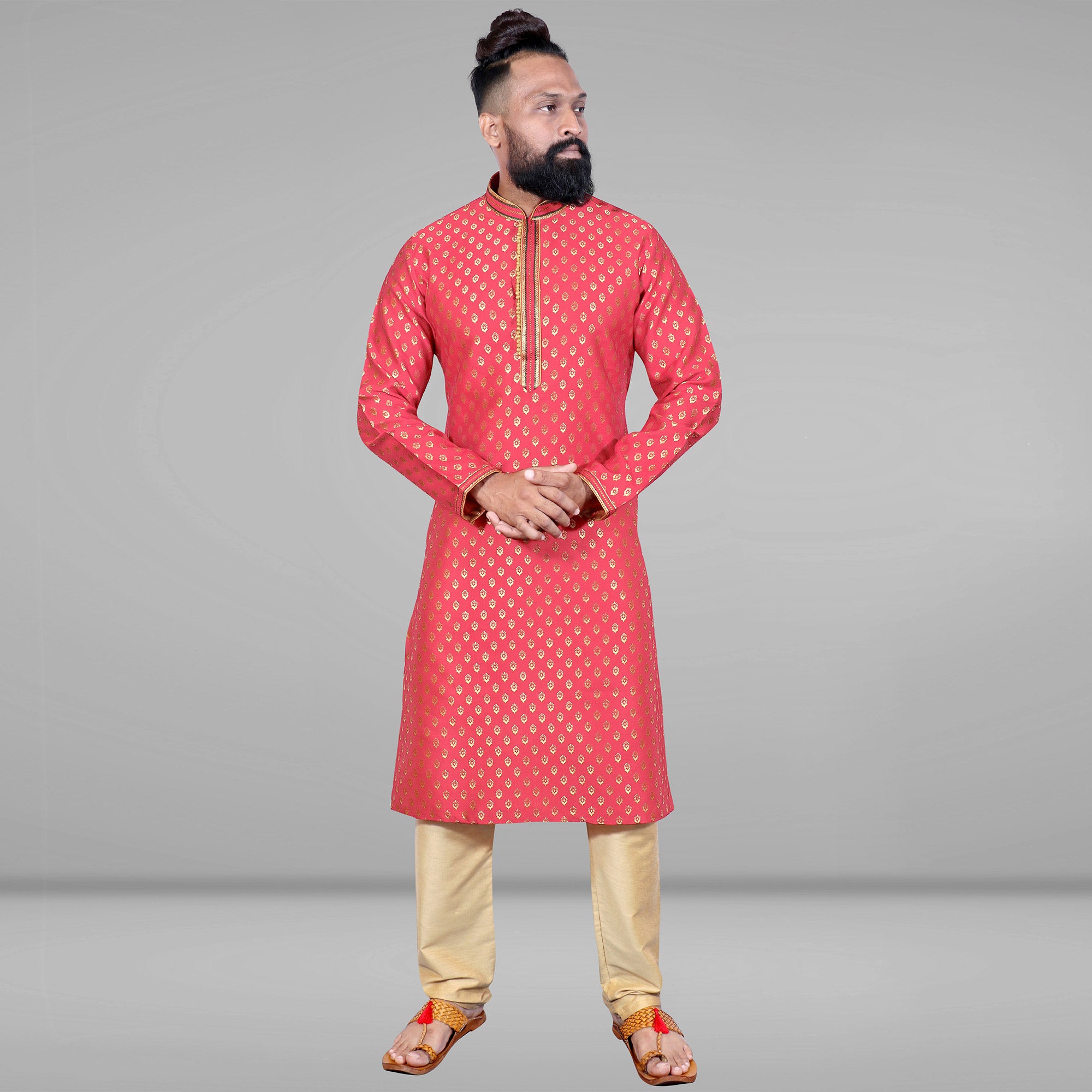 Pink Woven Jacquard Kurta Pyjama Set