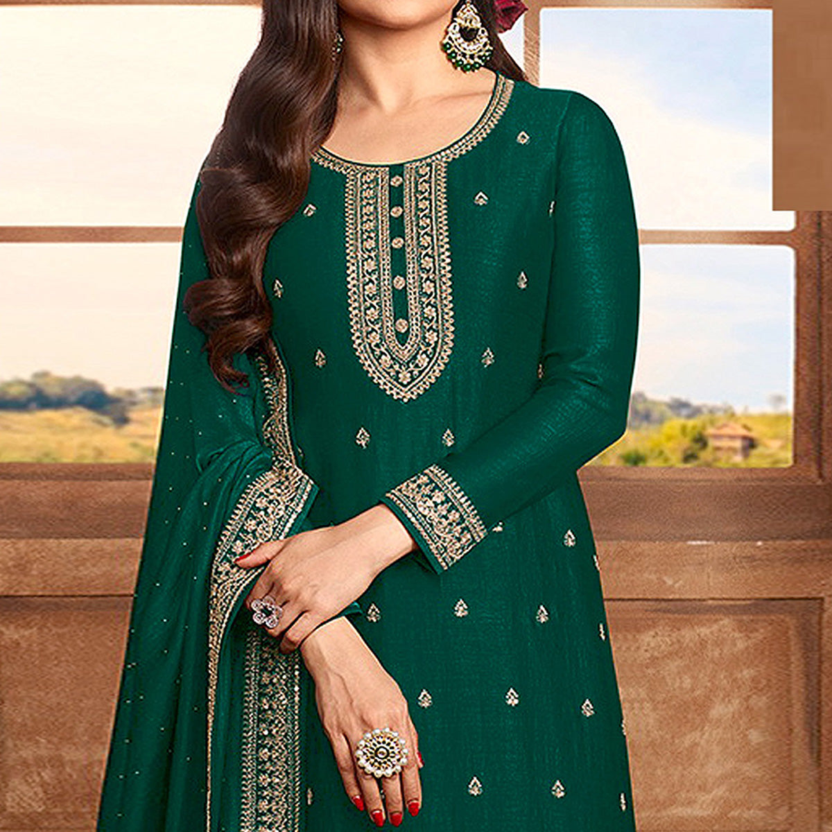 Green Floral Embroidered Georgette Semi Stitched Palazzo Suit