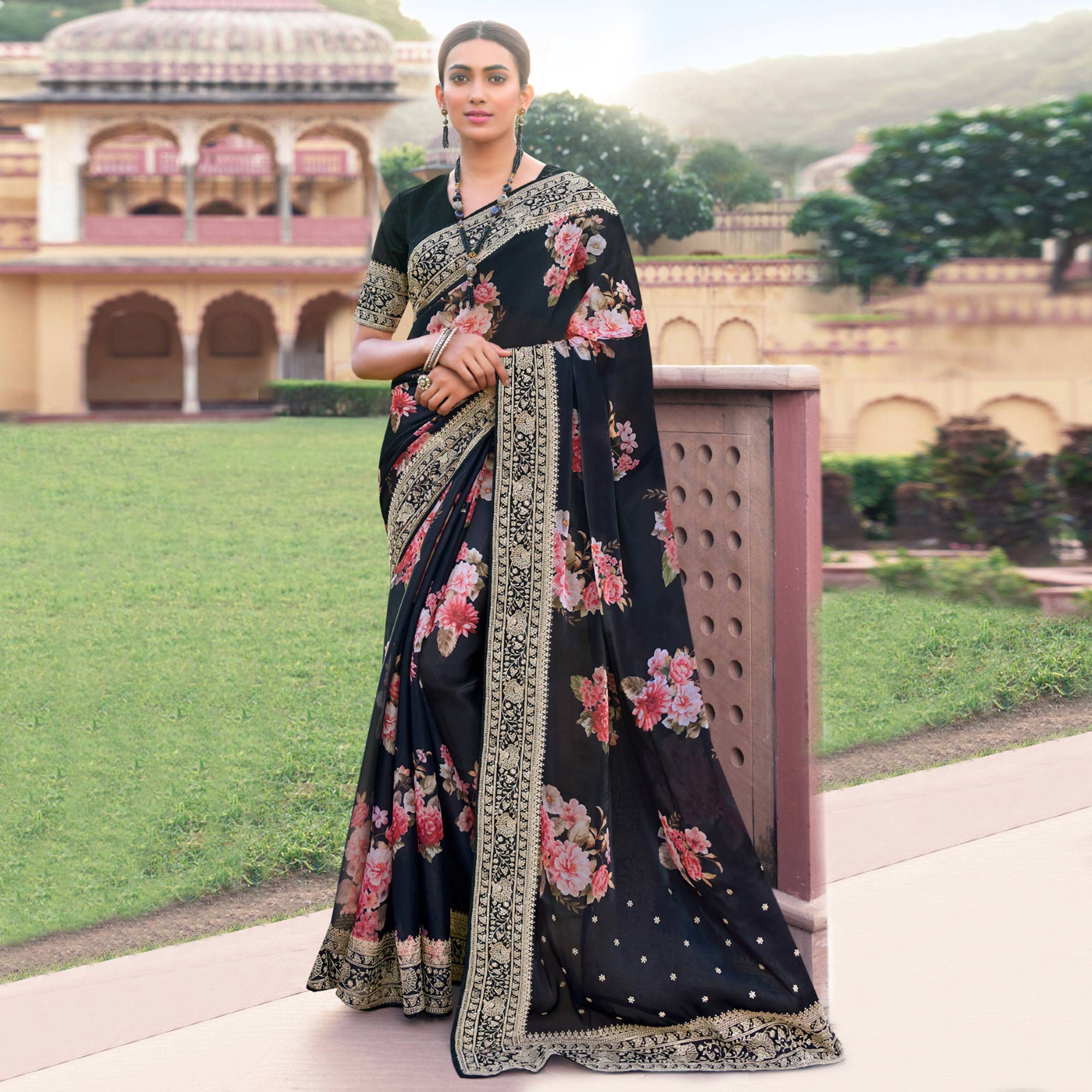 Black Floral Printed With Embroidered Organza Saree