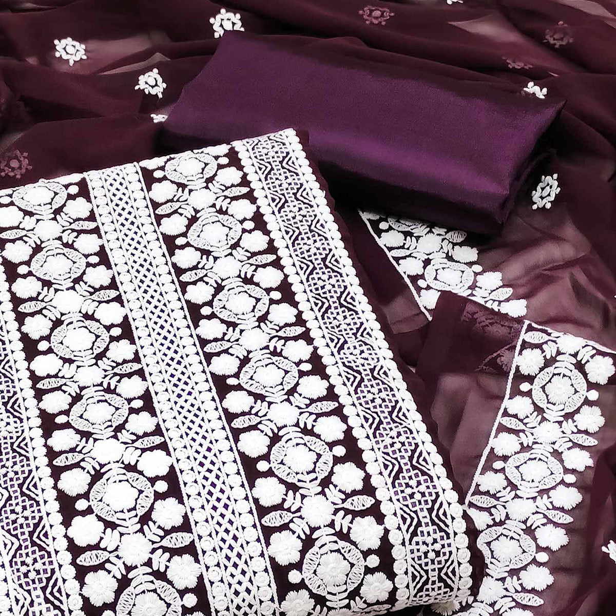 Wine Lucknowi Embroidered Georgette Dress Material