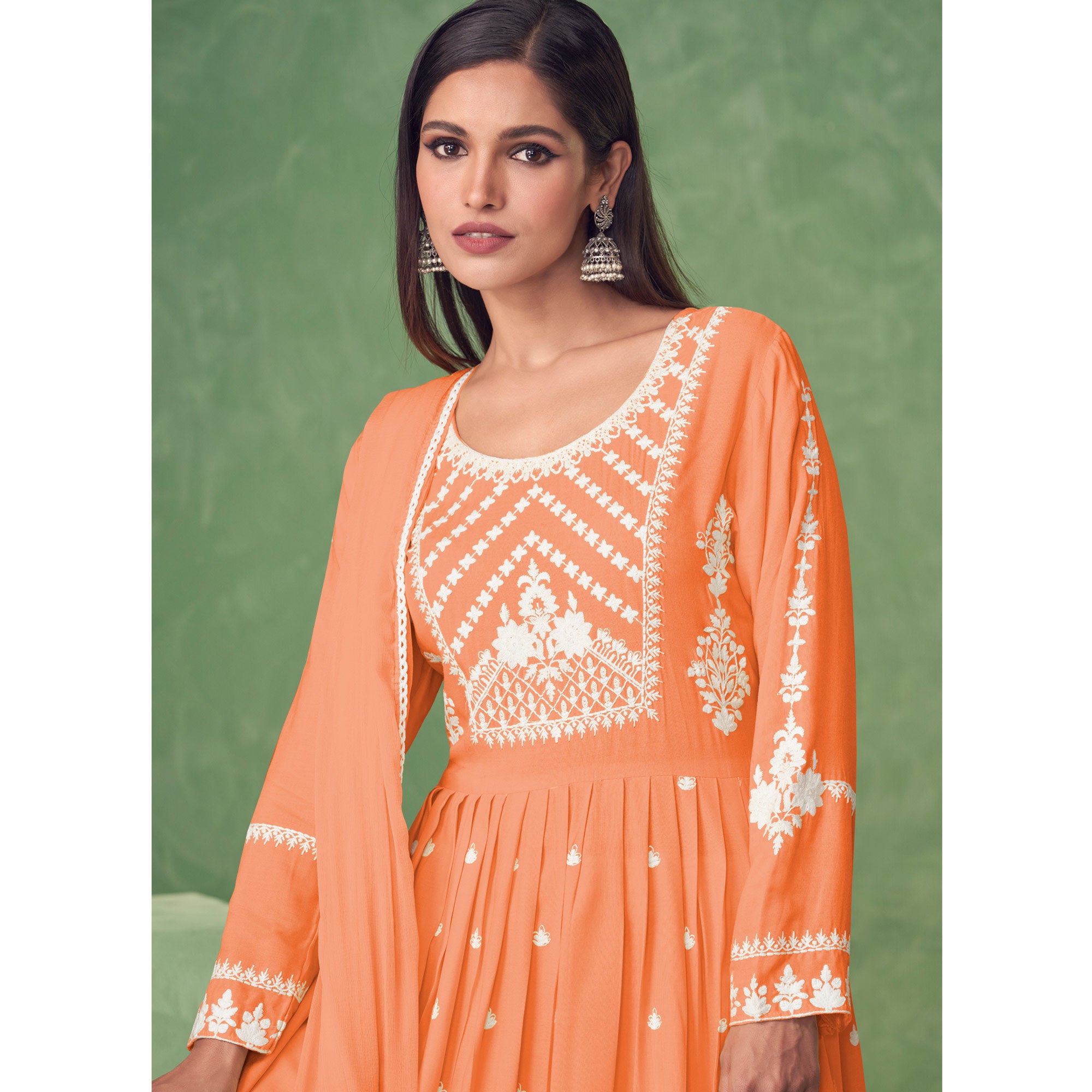 Orange Lucknowi Work Rayon Naira Cut Palazzo Suit