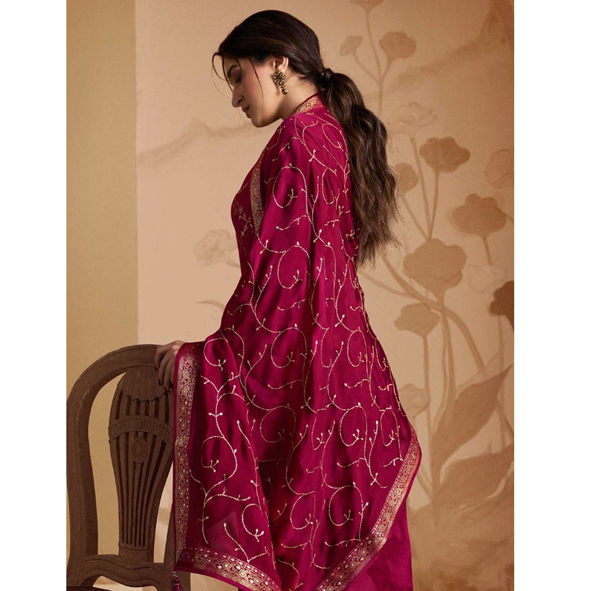 Magenta Pink Woven And Embroidered Dola Silk Palazzo Suit