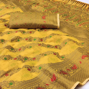 Yellow Woven Cotton Blend Saree With Tassels