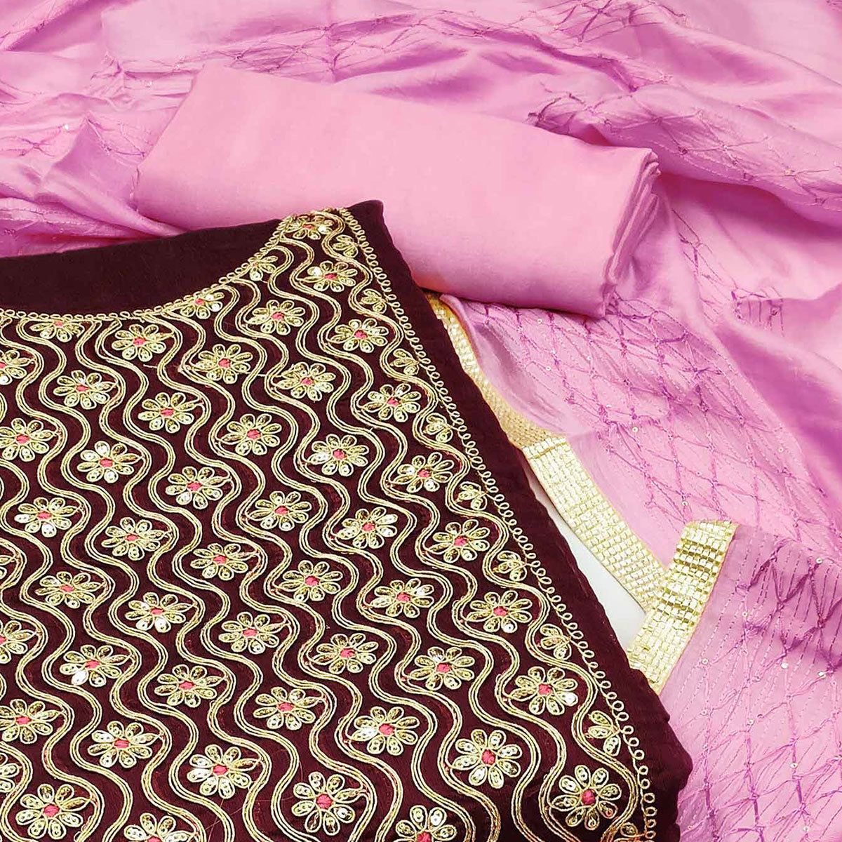 Maroon Sequins Floral Embroidered Modal Dress Material