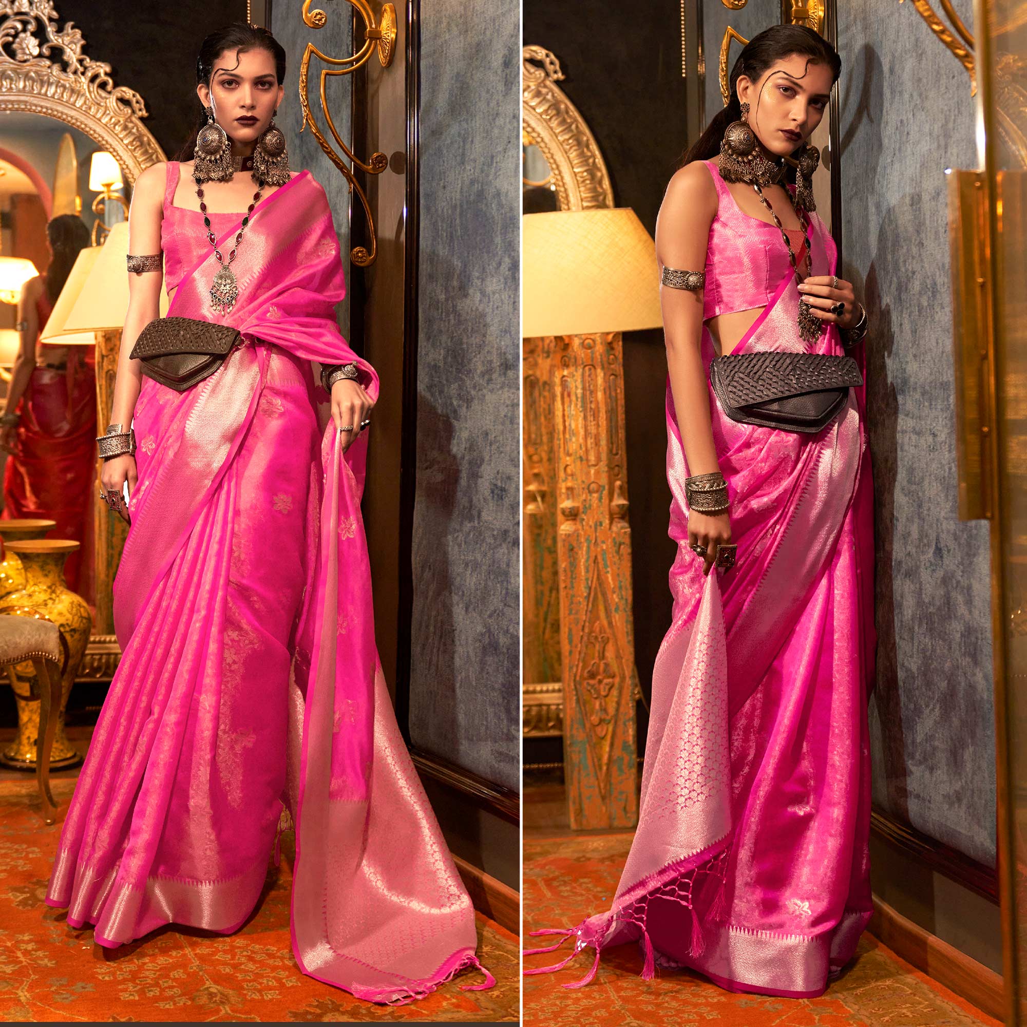 Pink Woven Organza Saree With Tassels