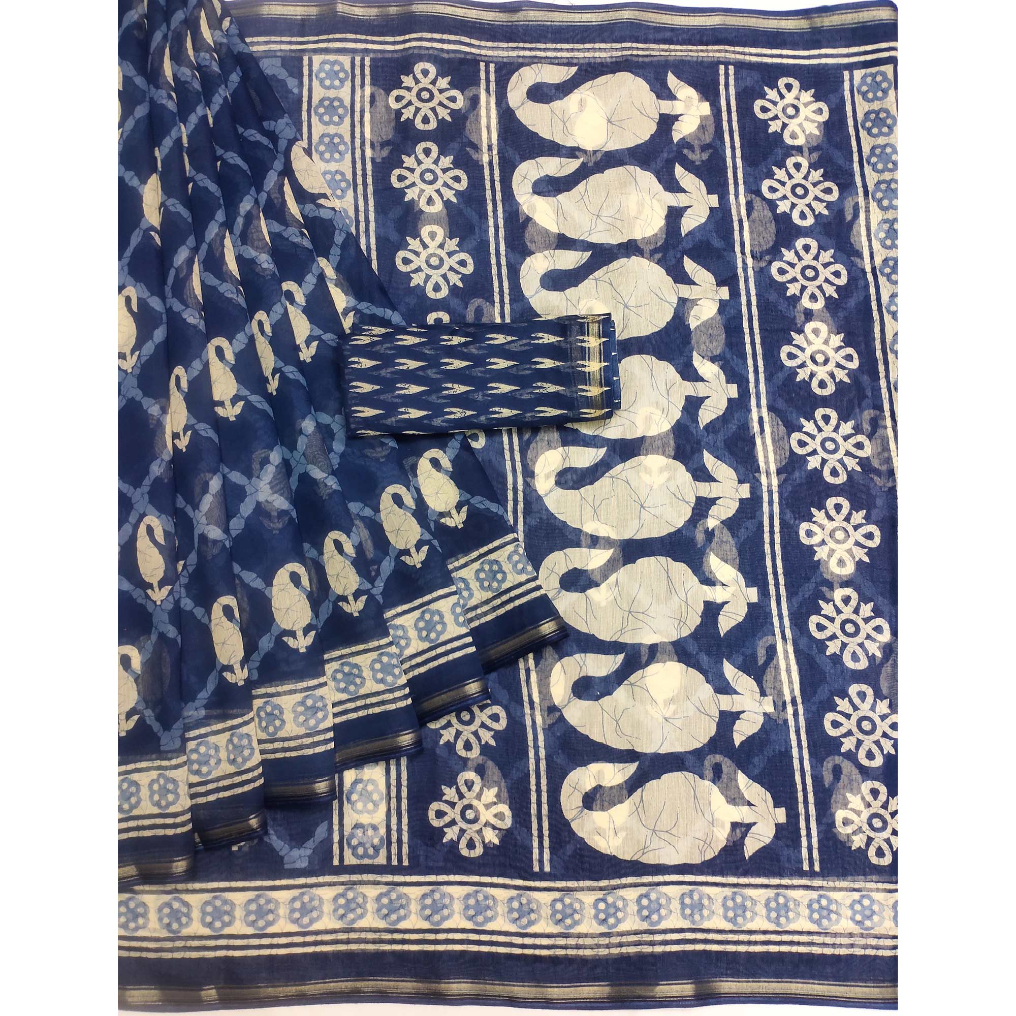 Blue Printed Cotton Blend Saree