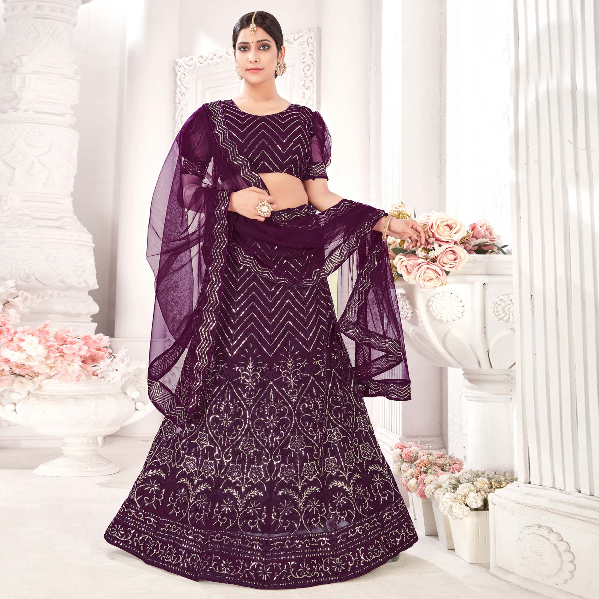 Wine Sequins Embroidered Netted Lehenga Choli