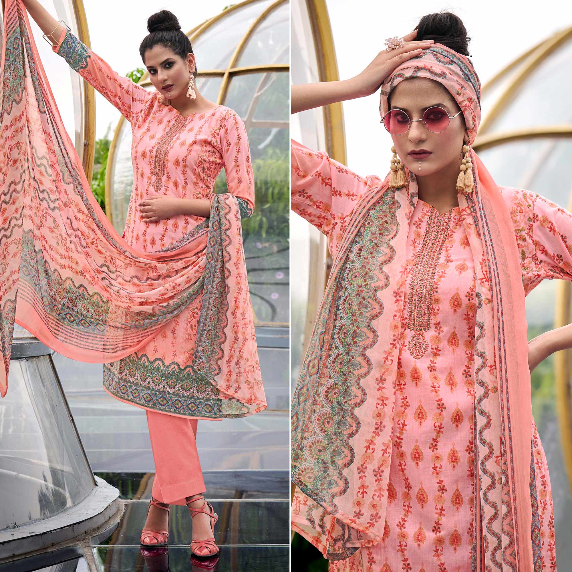 Pink Printed With Embroidered Pure Cotton Salwar Suit