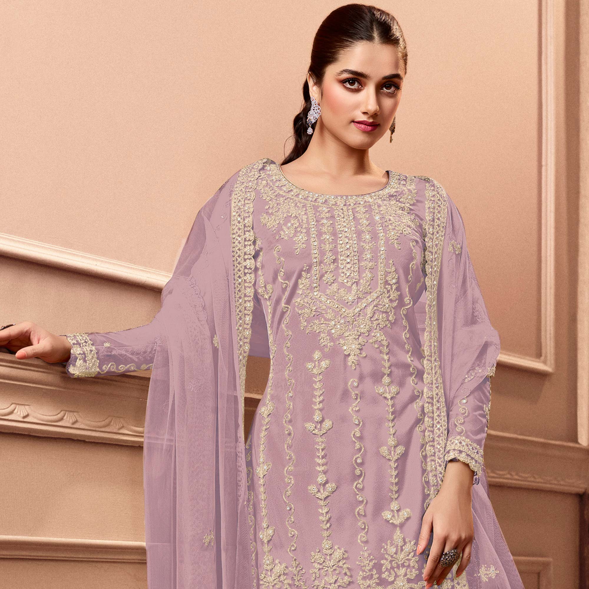 Purple Floral Embroidered Netted Pakistani Suit