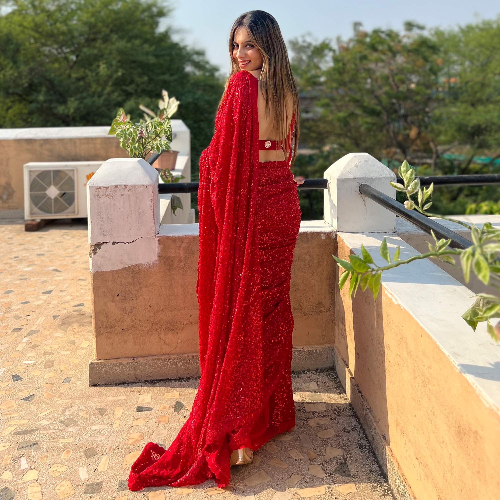 Red Sequins Embroidered Georgette Saree