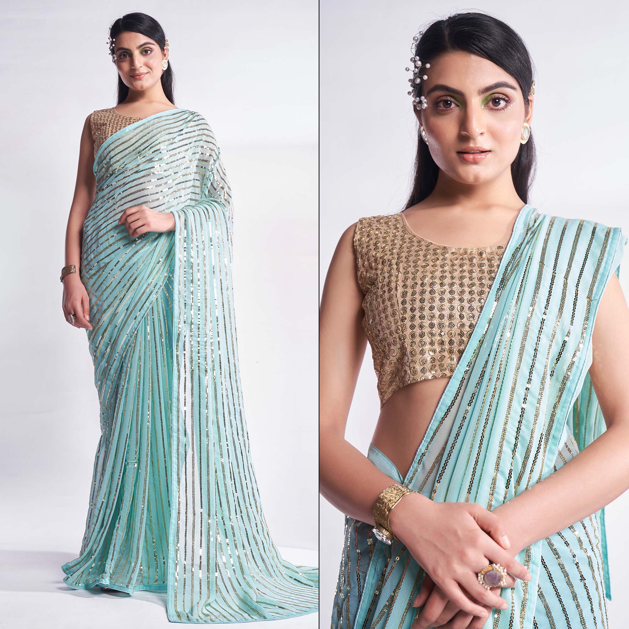 Turquoise Sequins Embroidered Georgette Saree