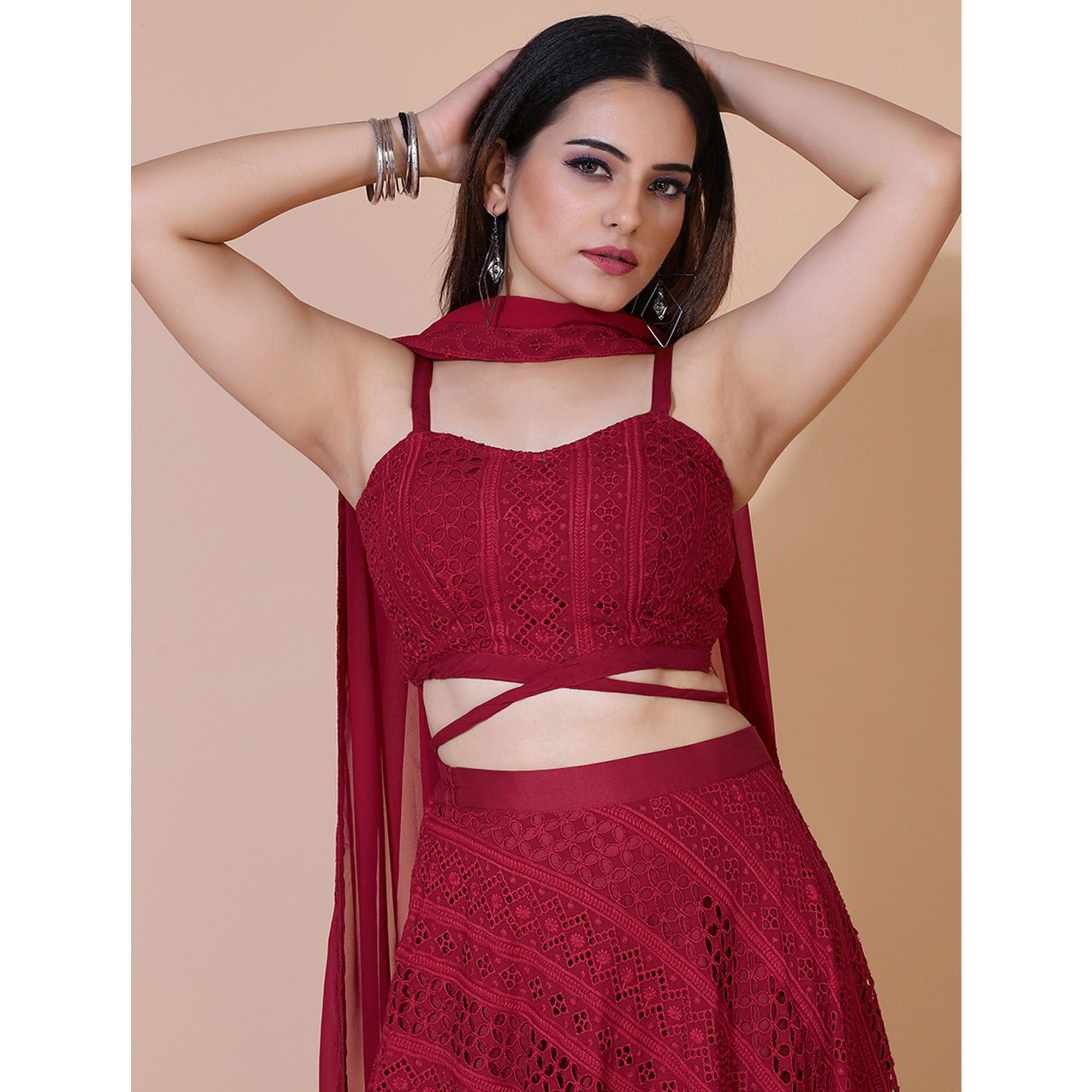 Maroon Lucknowi Chikankari Work Rayon Lehenga Choli