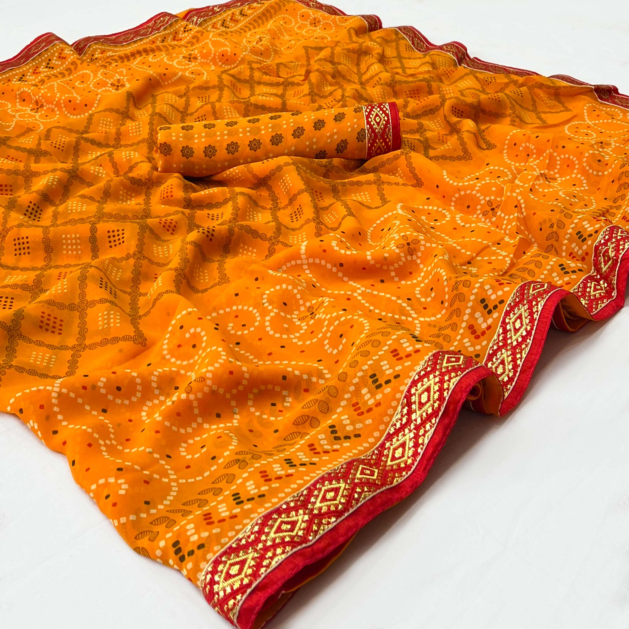 Yellow Bandhani Printed Georgette Saree With Designer Border