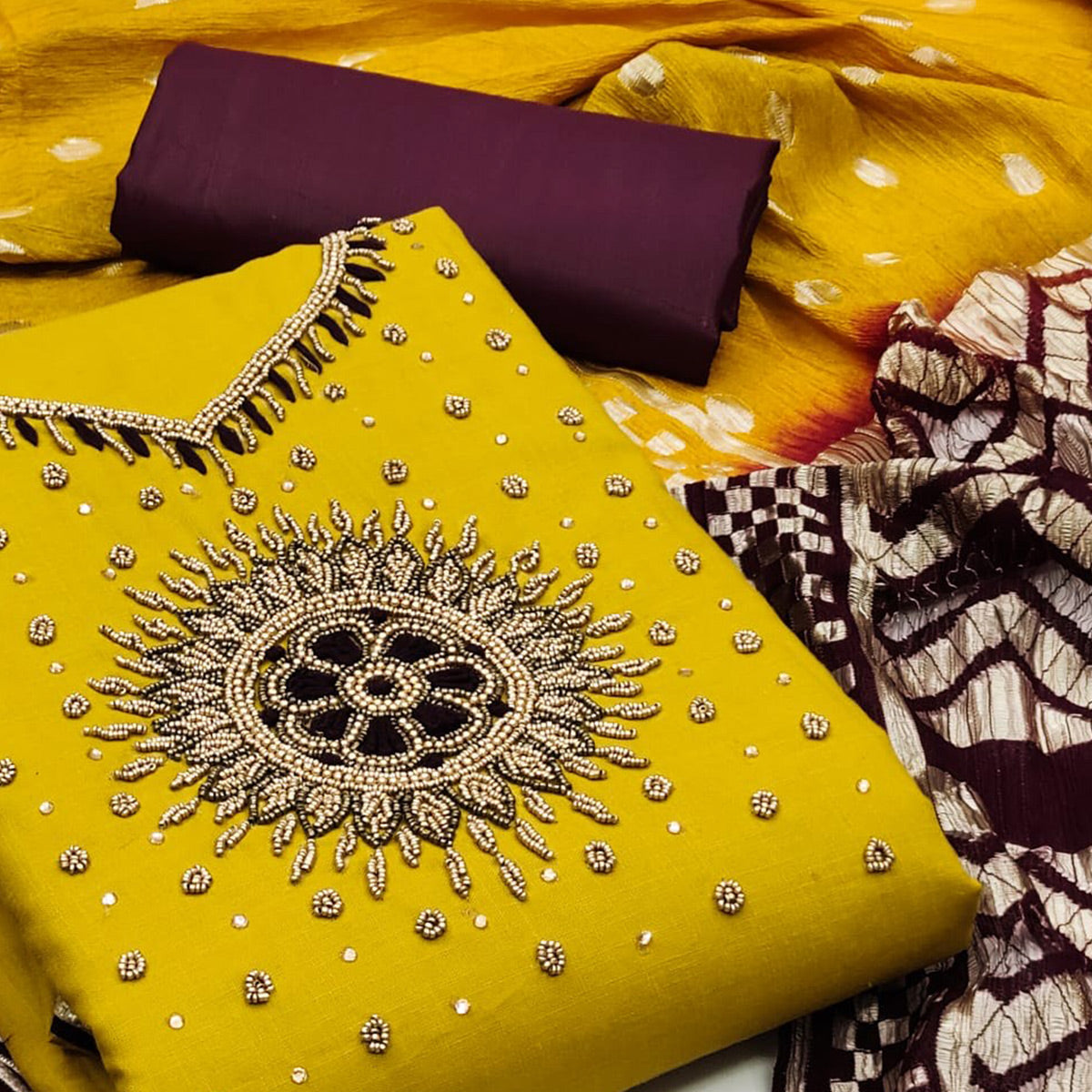 Yellow Pearl Handwork Cotton Slub Dress Material