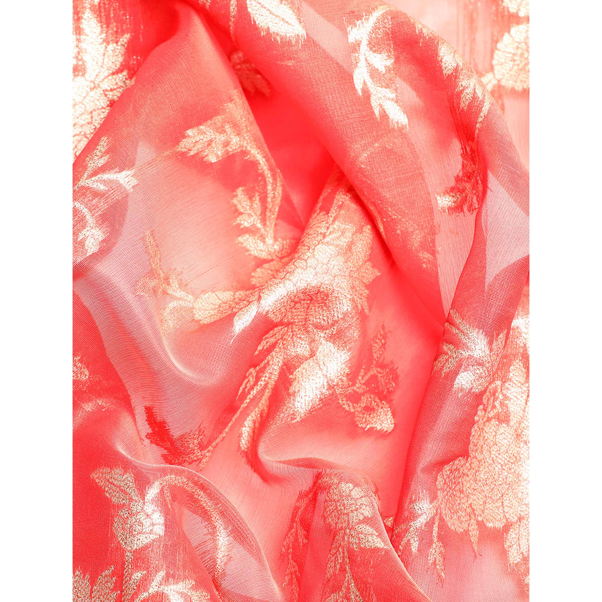 Red Floral Woven Organza Silk Saree With Tassels