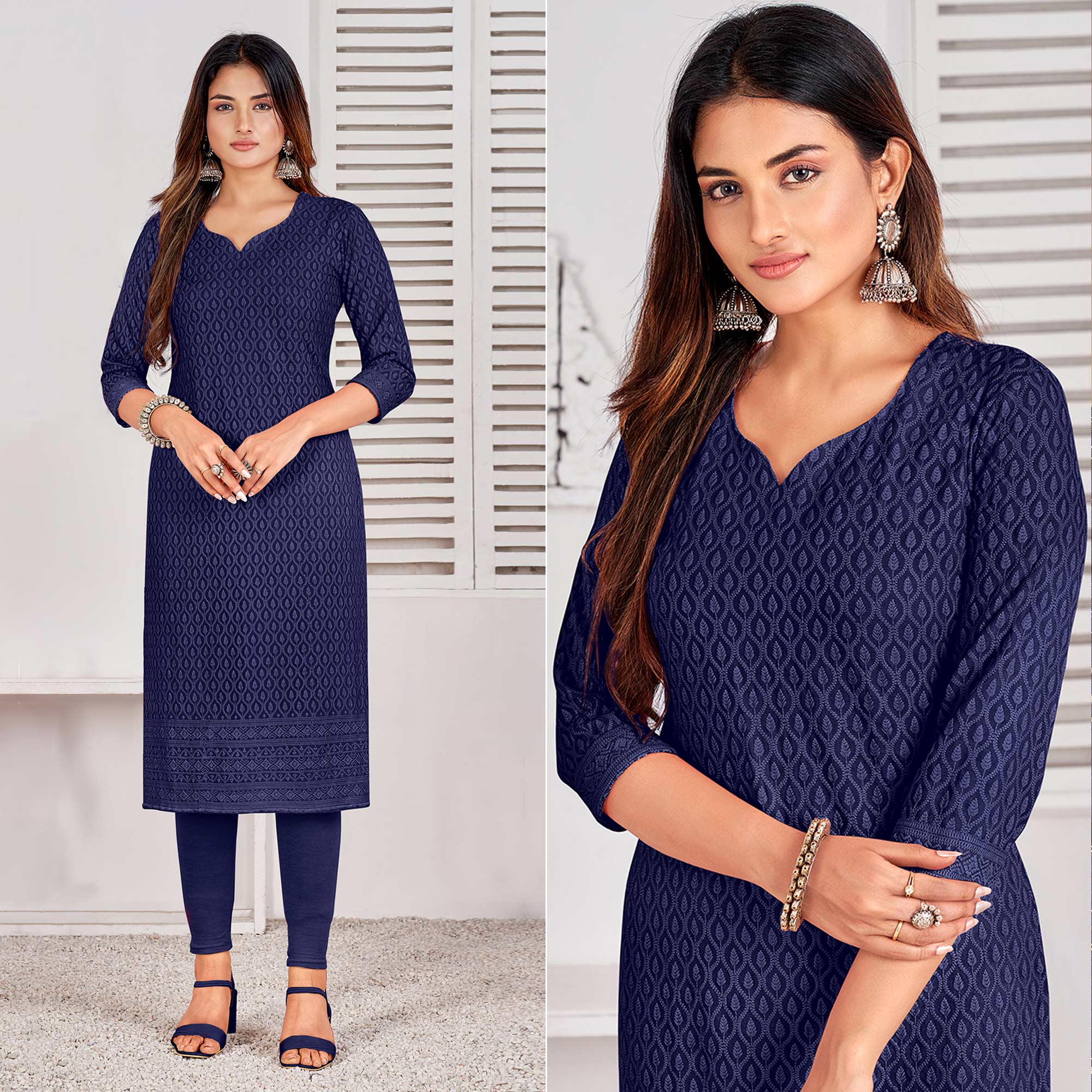 Navy Blue Lucknowi Chikankari Rayon Kurti