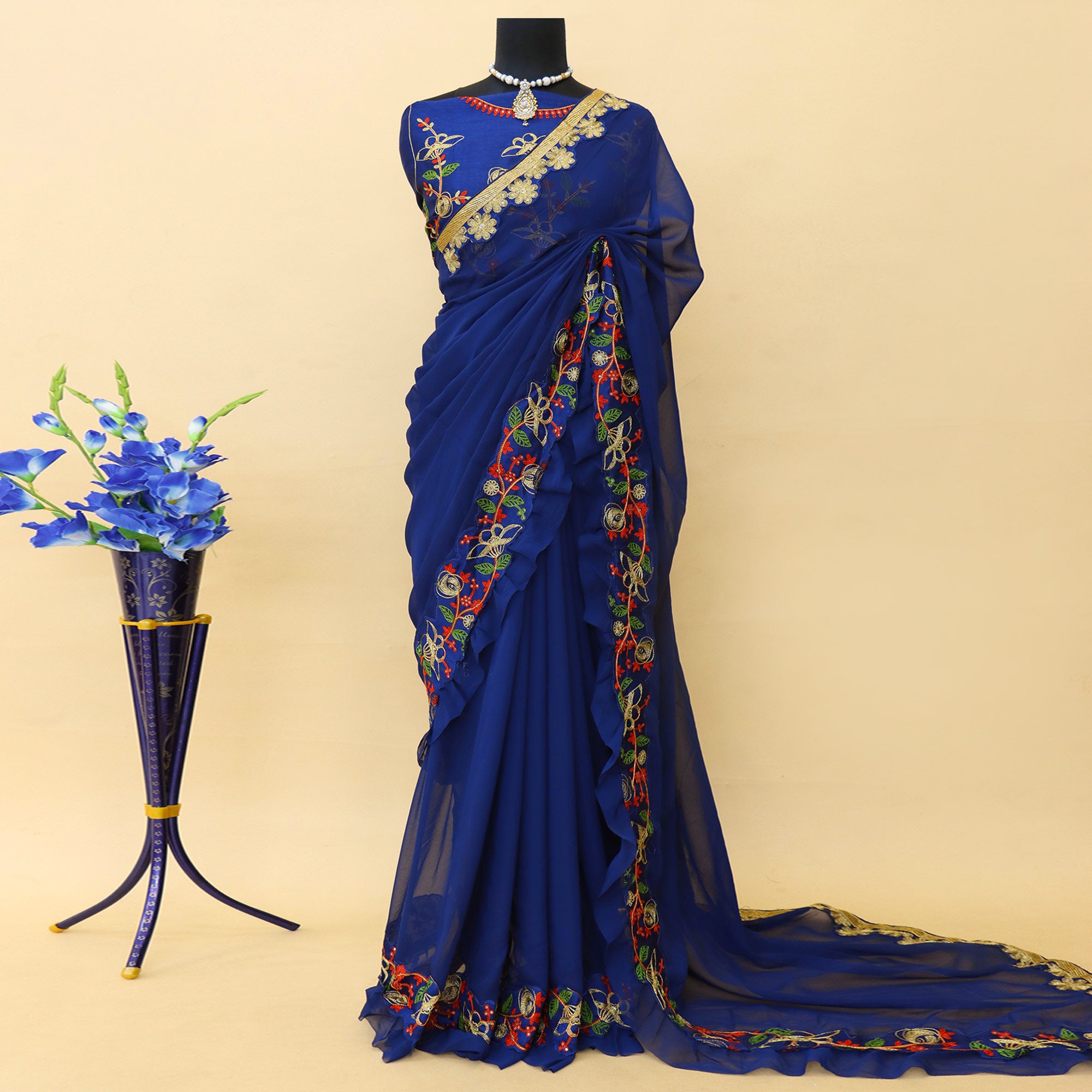 Navy Blue Embroidered Georgette Saree