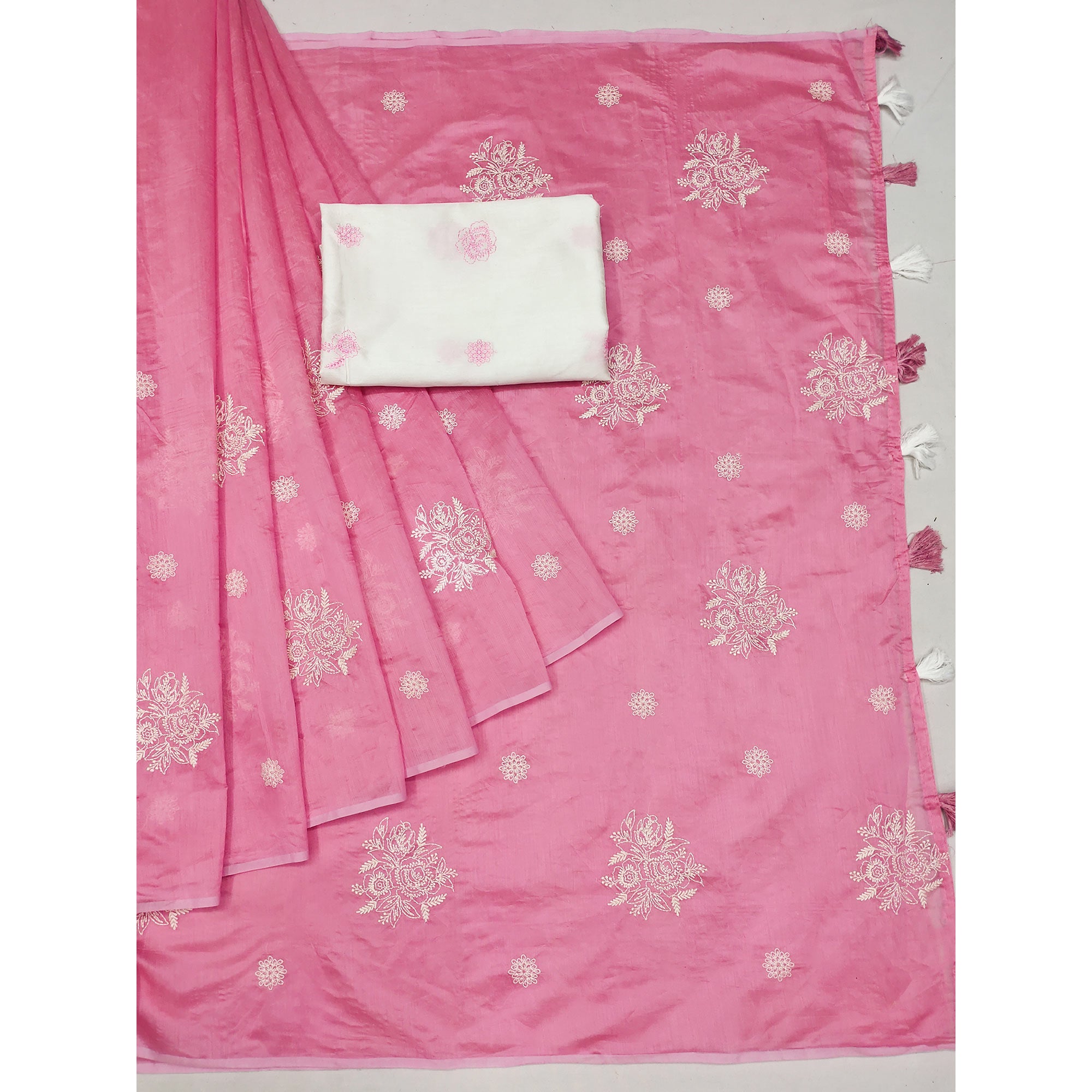 Pink Floral Embroidered Chanderi Saree With Tassels