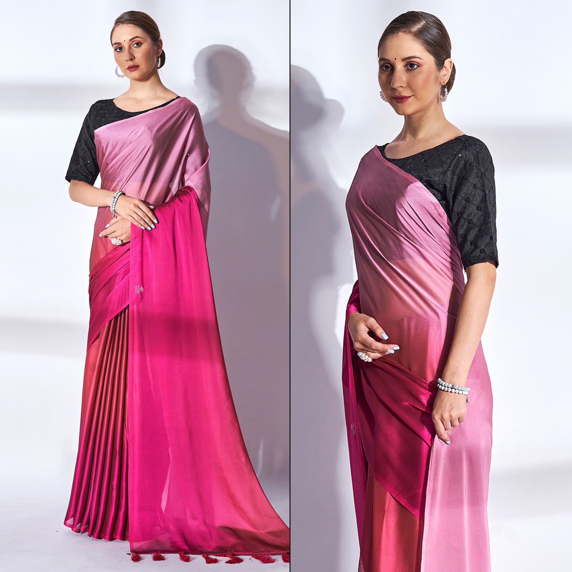 Pink Solid Georgette Saree With Tassels