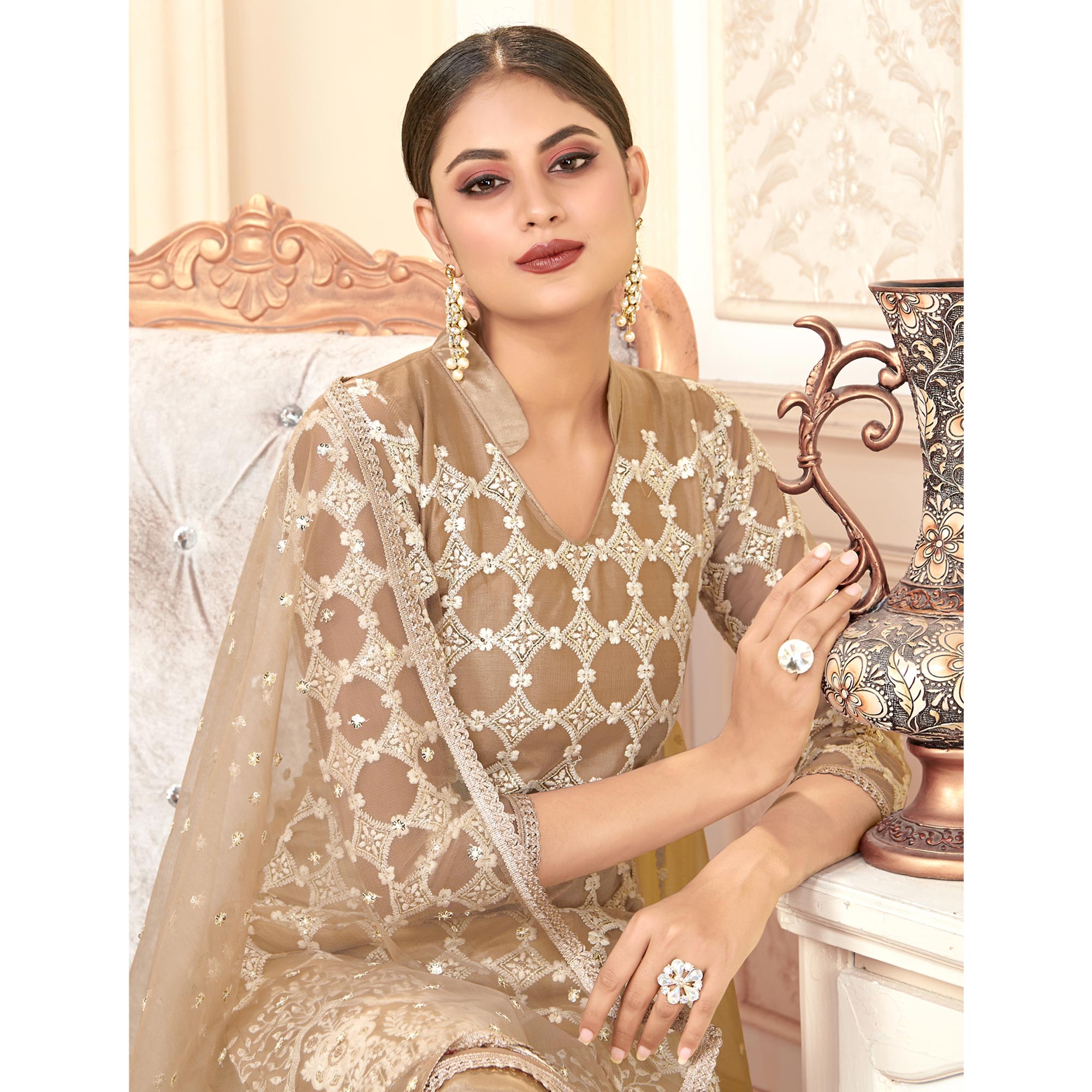 Brown Sequins Embroidered Net Suit