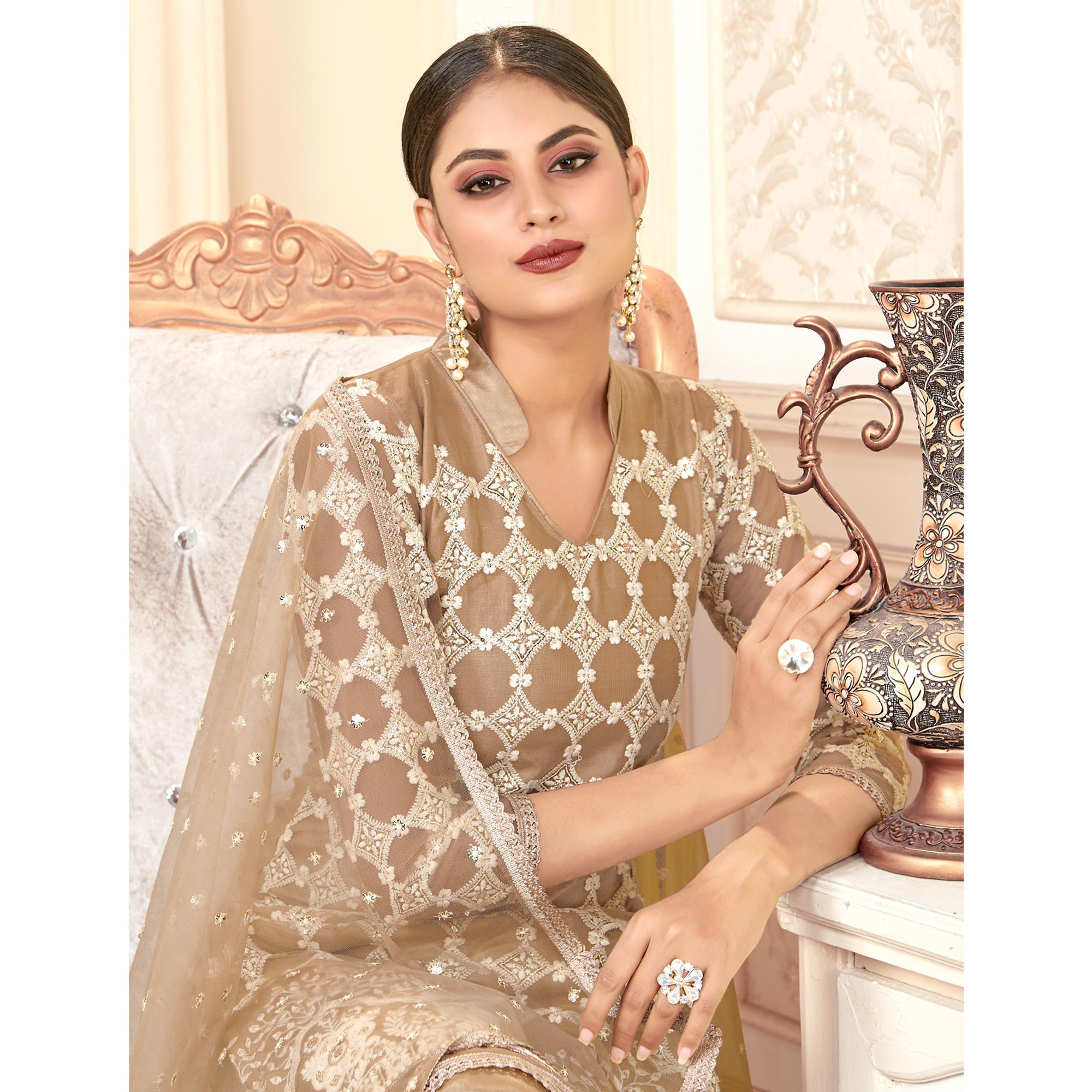 Brown Sequins Embroidered Net Semi Stitched Suit