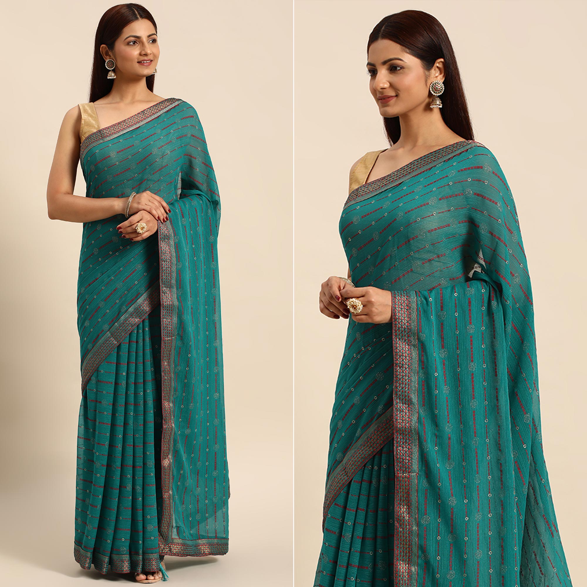 Turquoise Green Foil Printed Zomato Saree