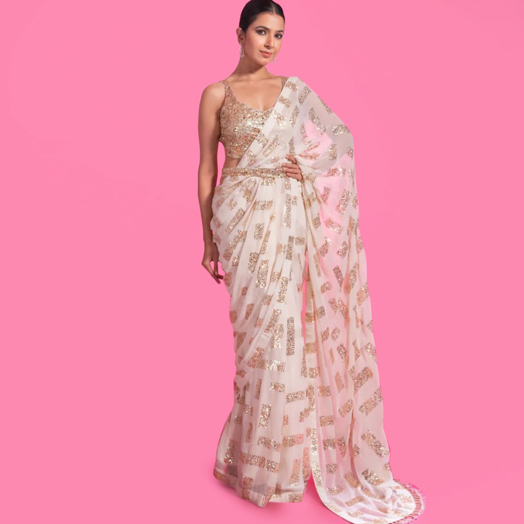 White Sequins Embroidered Georgette Saree