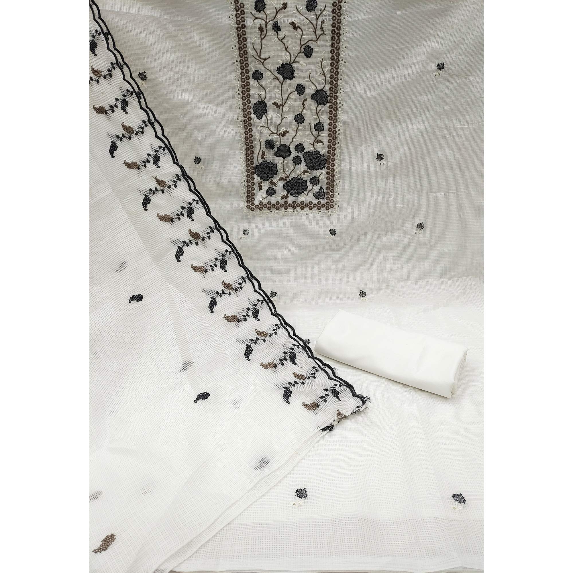 White & Black Floral Embroidered Kota Doria Dress Material