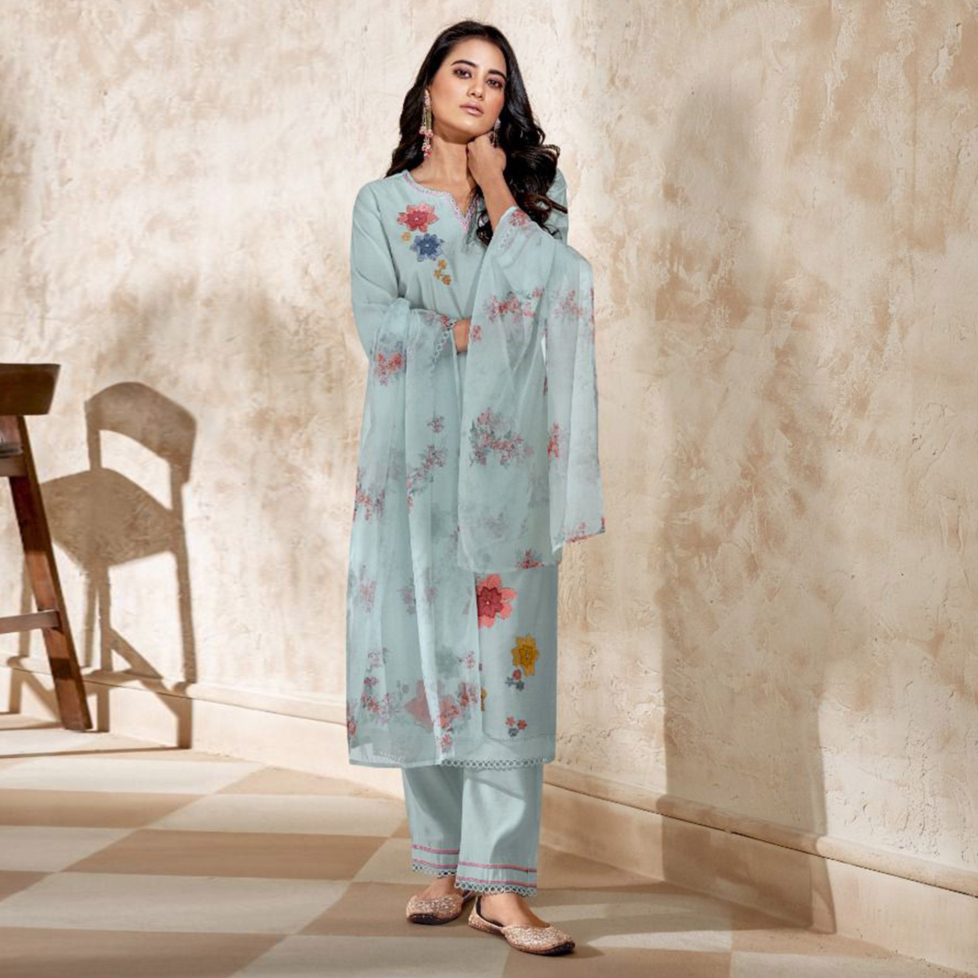 Light Blue Floral Embroidered Viscose Suit