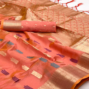 Dark Peach Floral Woven Organza Saree