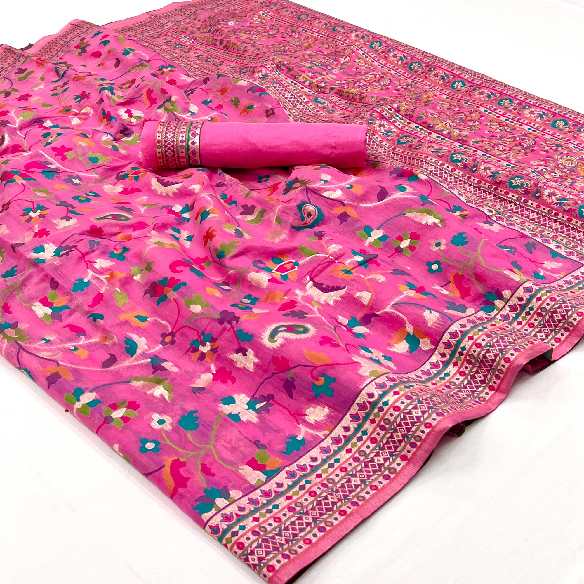 Rani Pink Floral Woven Pashmina Saree