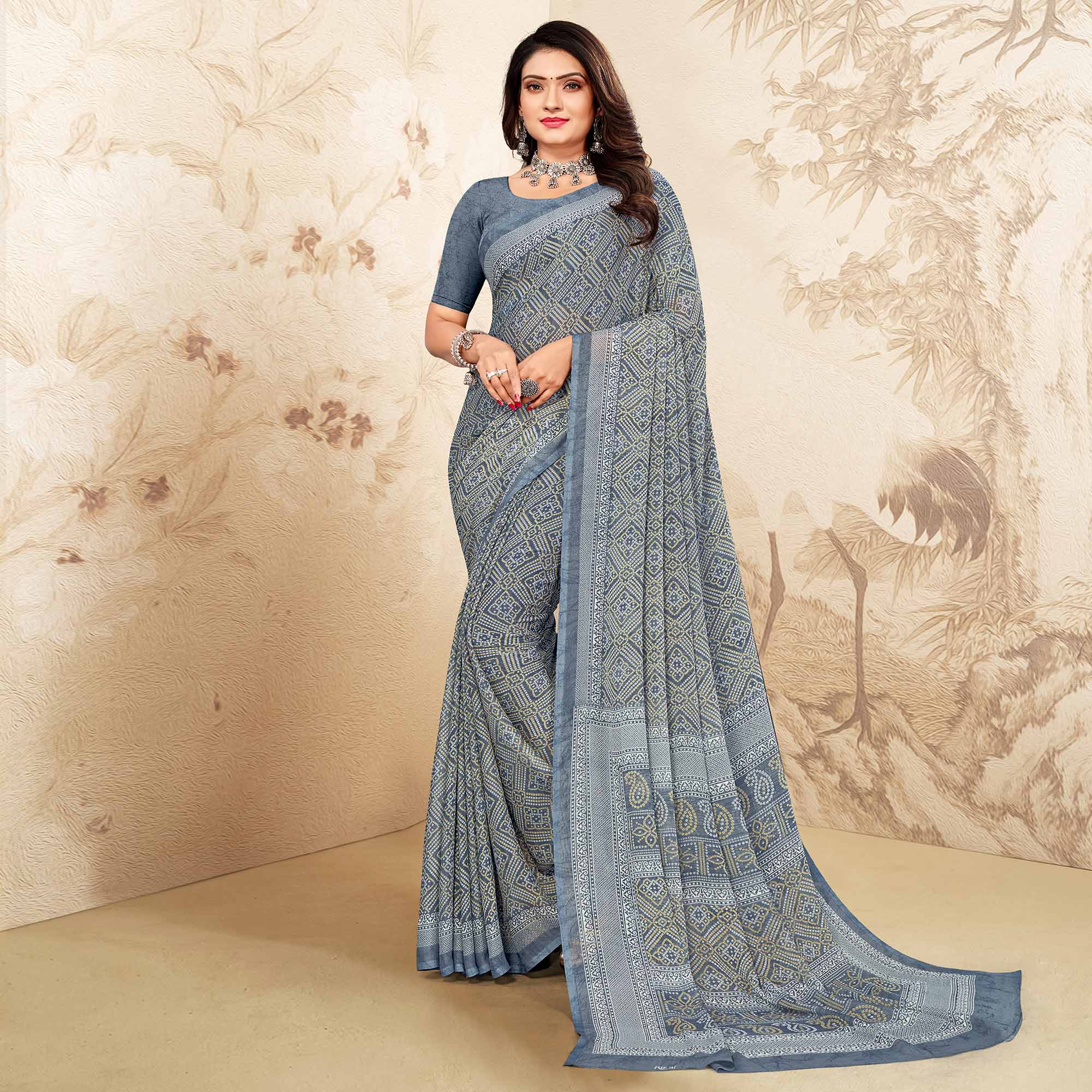 Grey Bandhani Printed Chiffon Saree