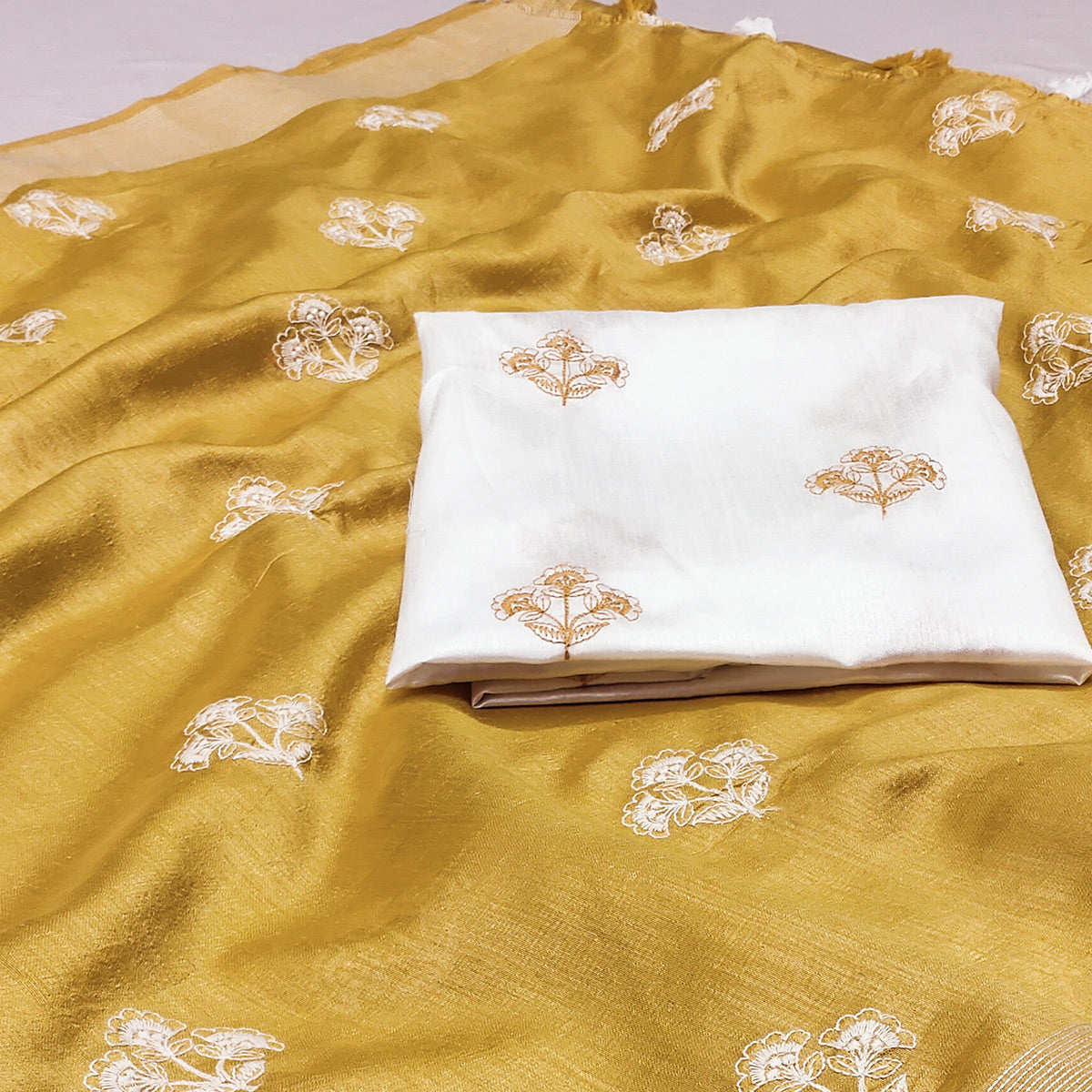 Yellow Floral Embroidered Raw Silk Saree