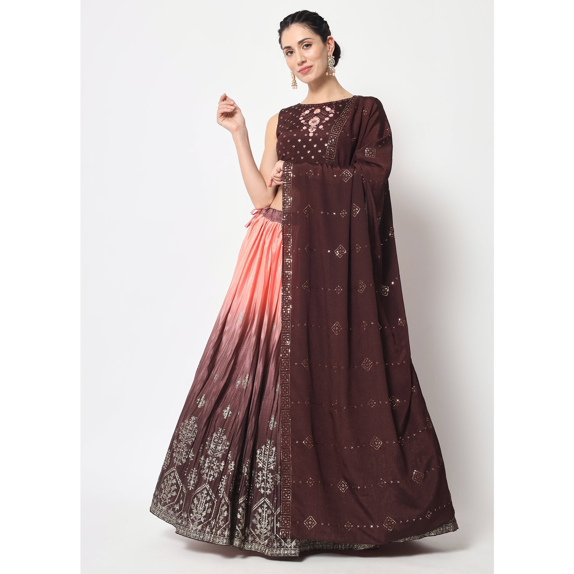 Coffee & Peach Foil Printed Chiffon Lehenga Choli