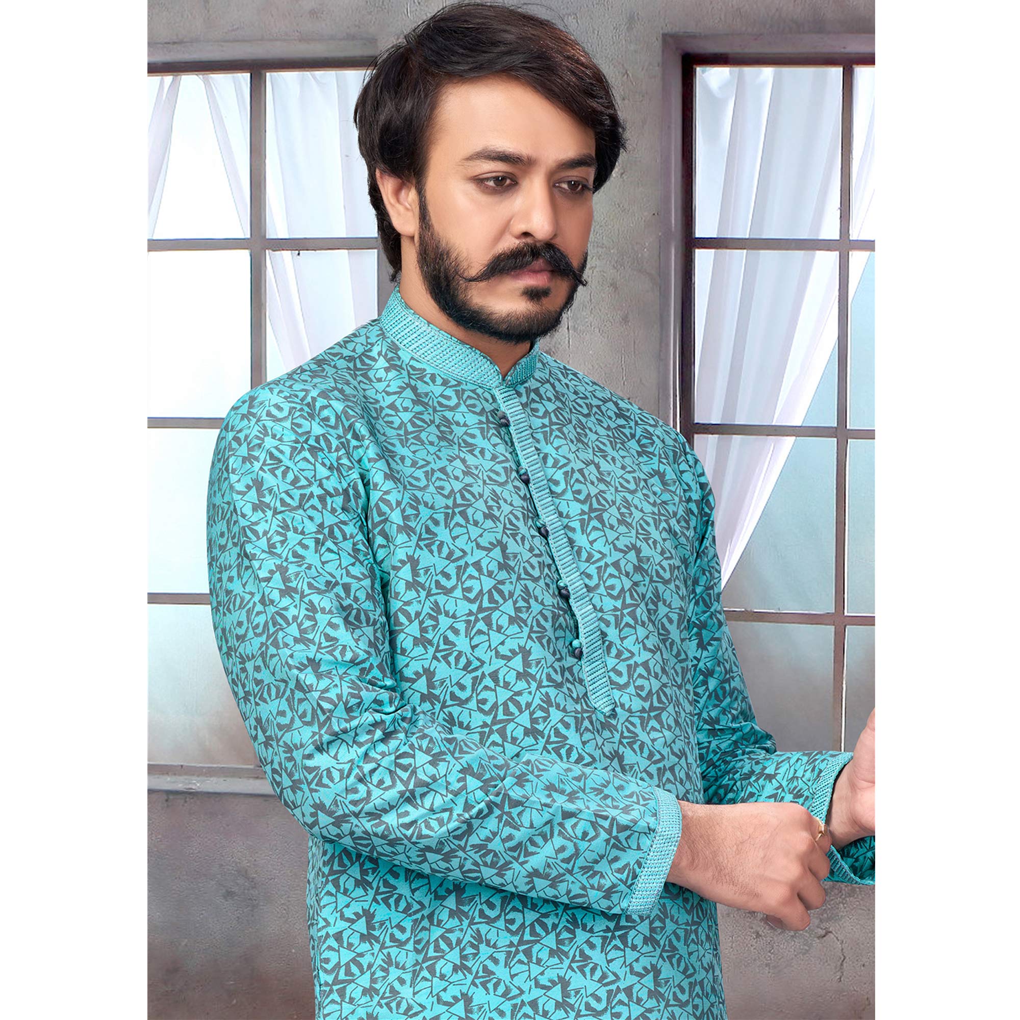 Blue Printed Jacquard Kurta Pyjama Set